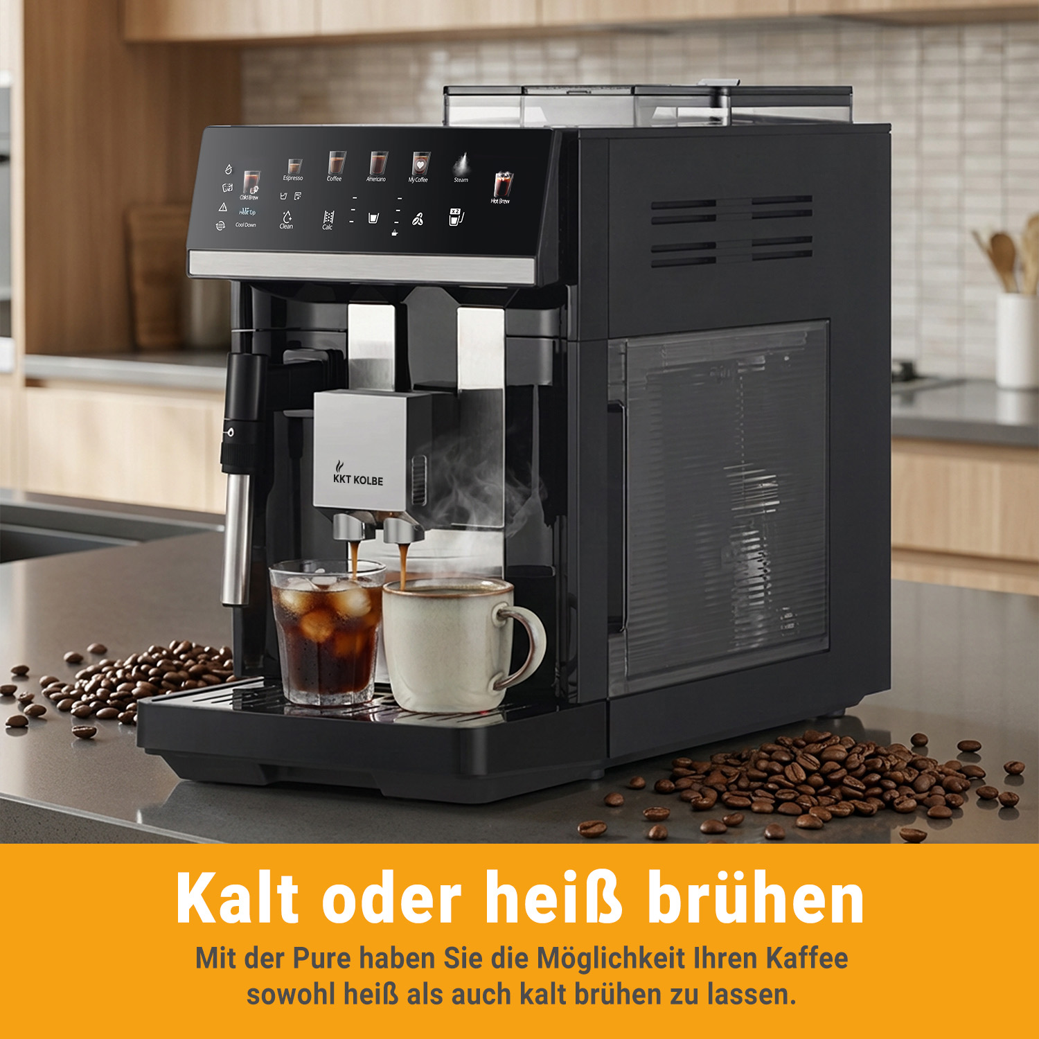 Kaffeemaschine brüht heißes und kaltes Kaffee in Tassen. Kaffeebohnen liegen daneben.
