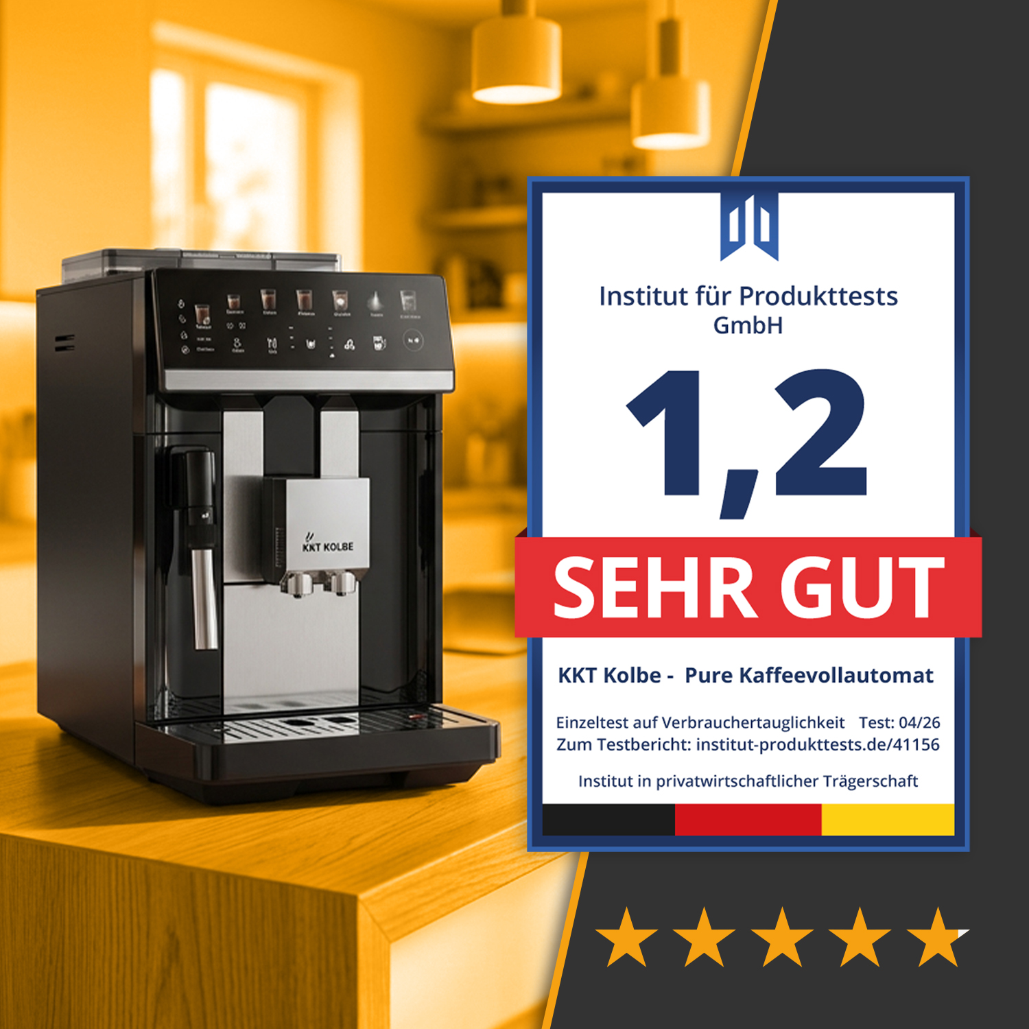 Kaffeevollautomat von KKT Kolbe mit Siegel "Sehr Gut" und 1,2 Bewertung.
