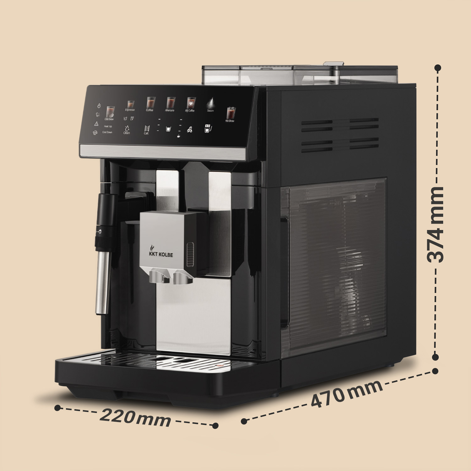 Eine schwarze Kaffeemaschine mit Touchscreen-Bedienfeld und Maßen 470x374x220mm.