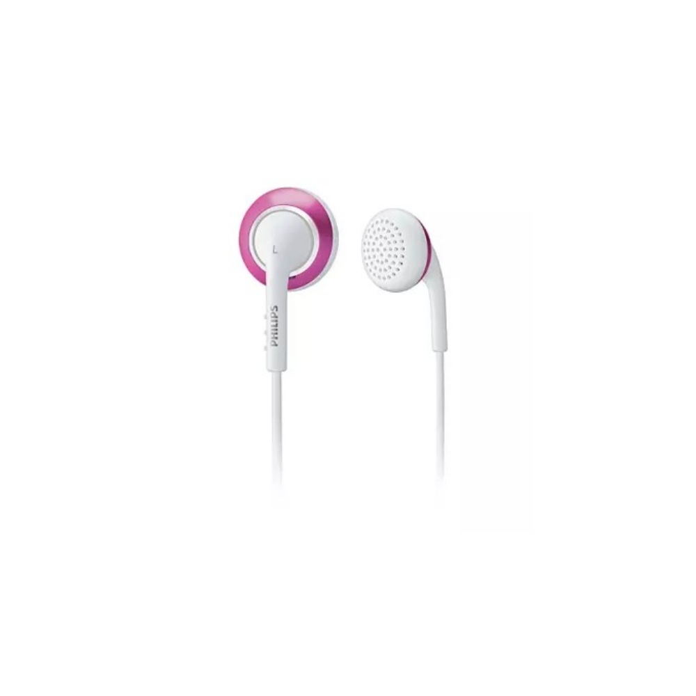 Witte oordopjes met roze accenten en kabels.
