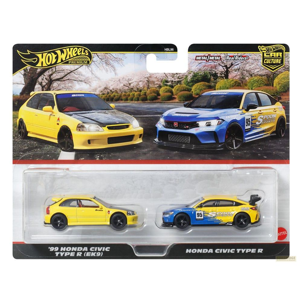 Ambalajda iki Hot Wheels Honda Civic oyuncak araba, sarı ve mavi.