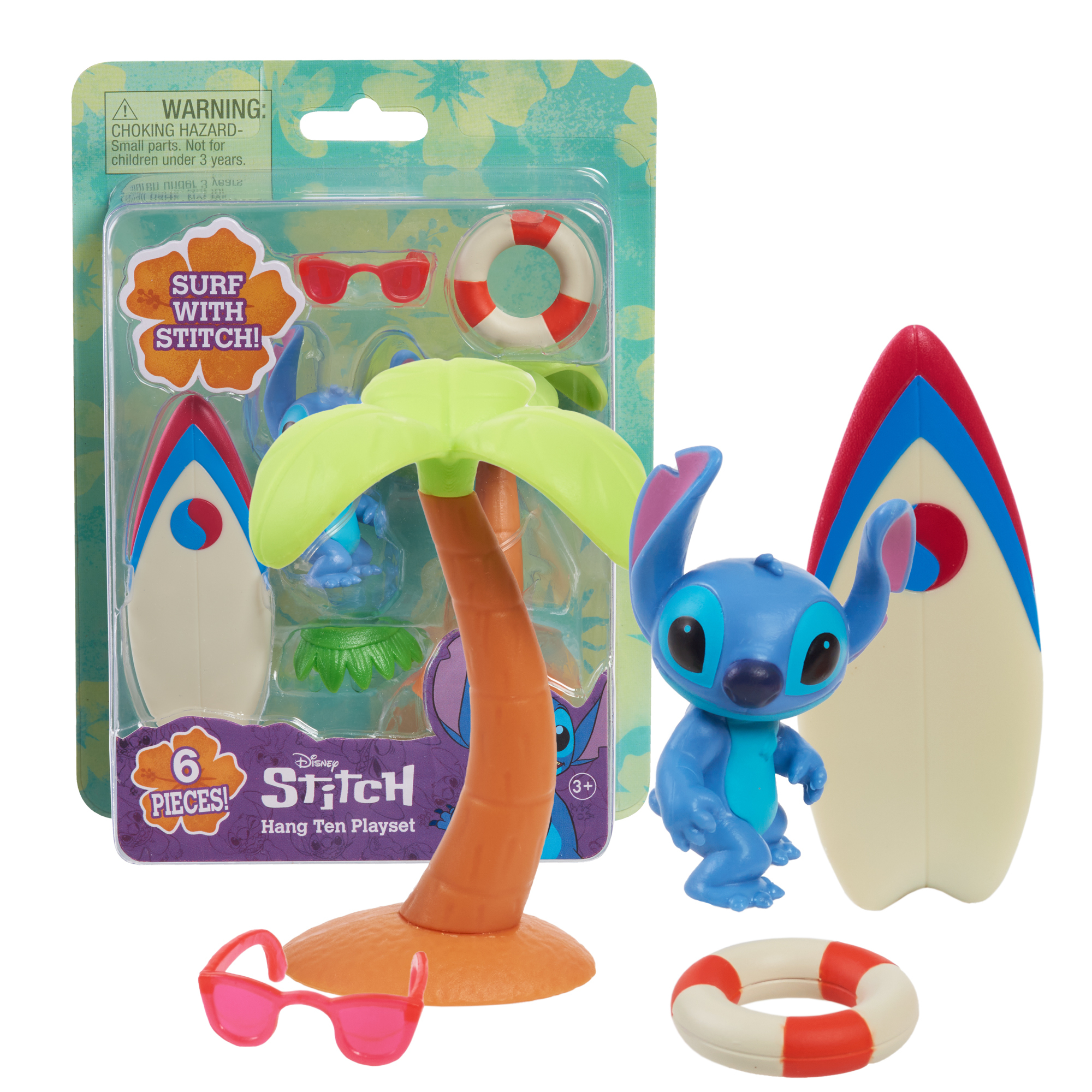 Set da gioco Stitch con tavole da surf, palma, occhiali da sole e salvagenti.