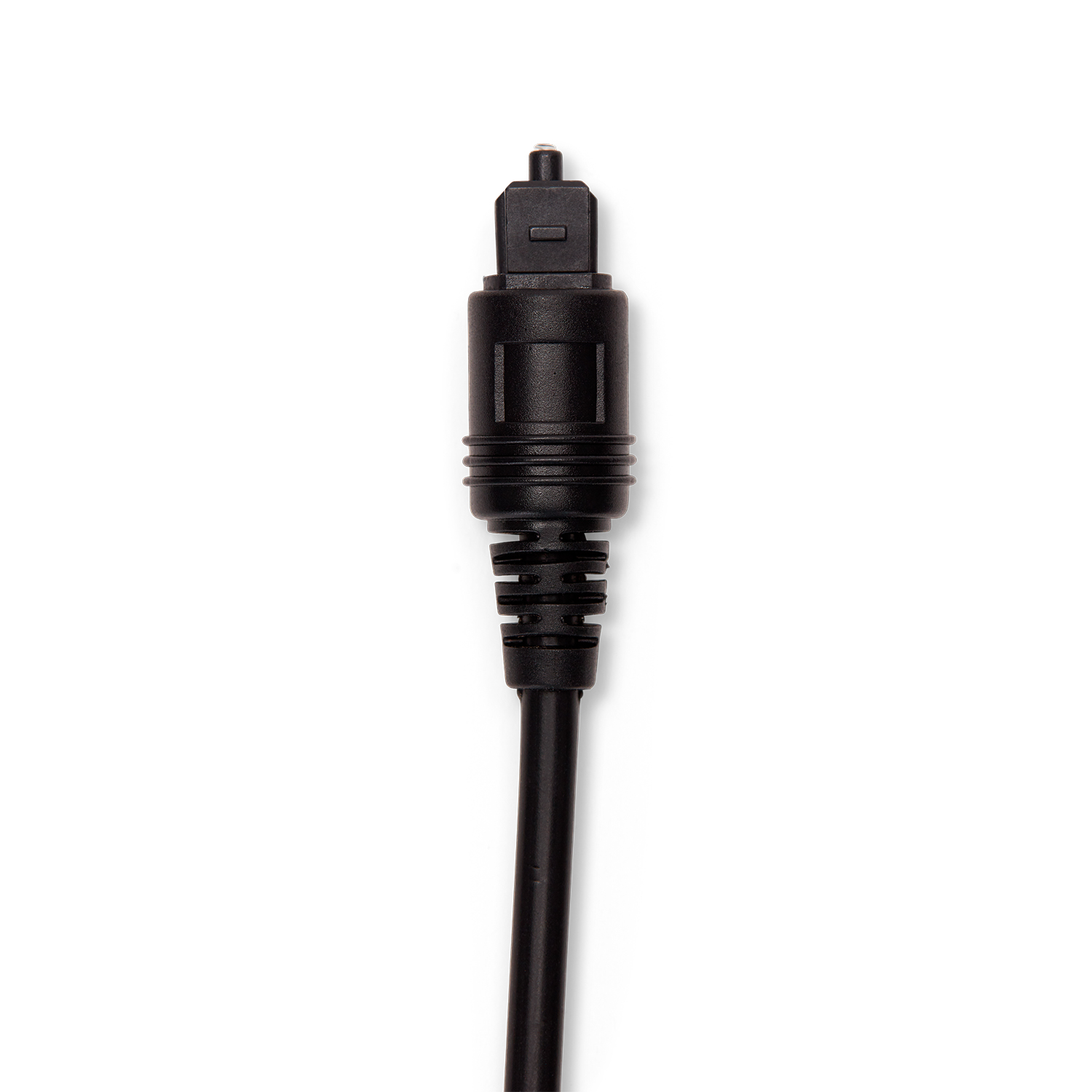 Ein schwarzes Toslink-Audiokabel mit Stecker auf weißem Hintergrund.