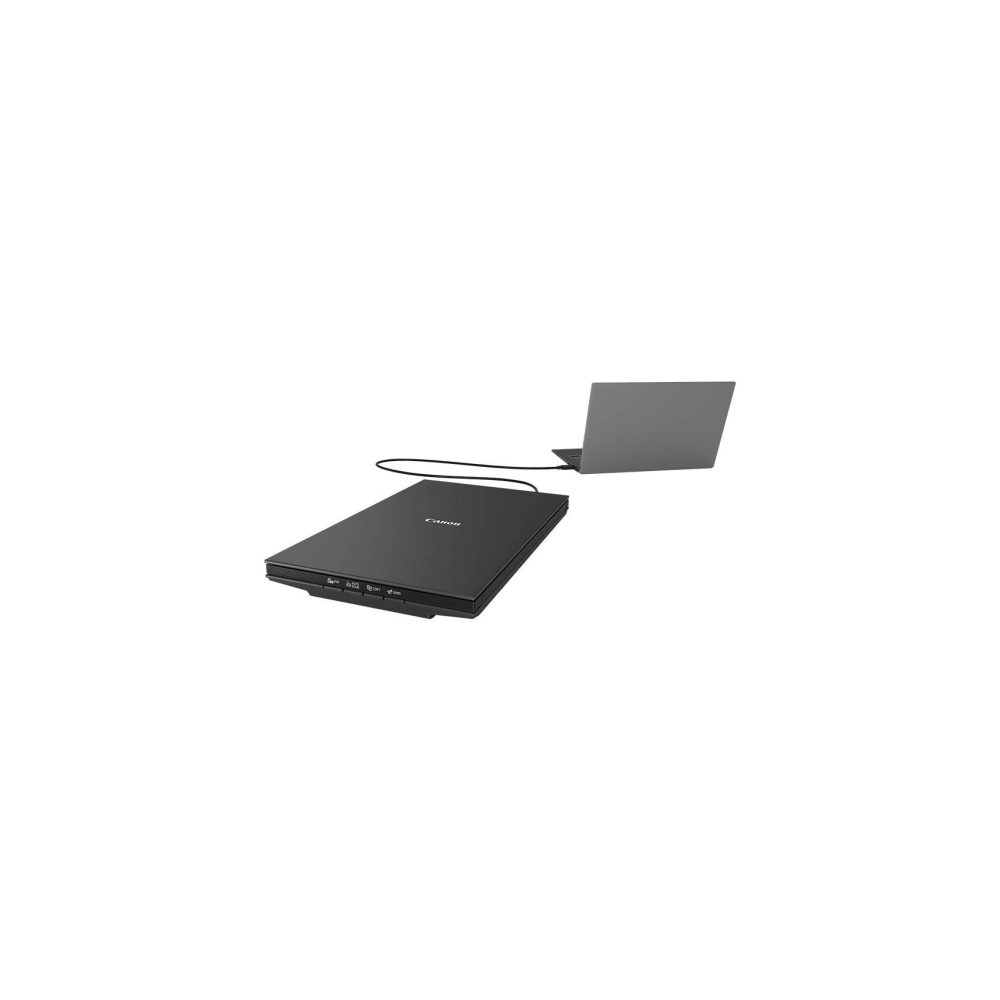 Ein schwarzer Canon-Scanner ist über ein Kabel mit einem grauen Laptop verbunden.