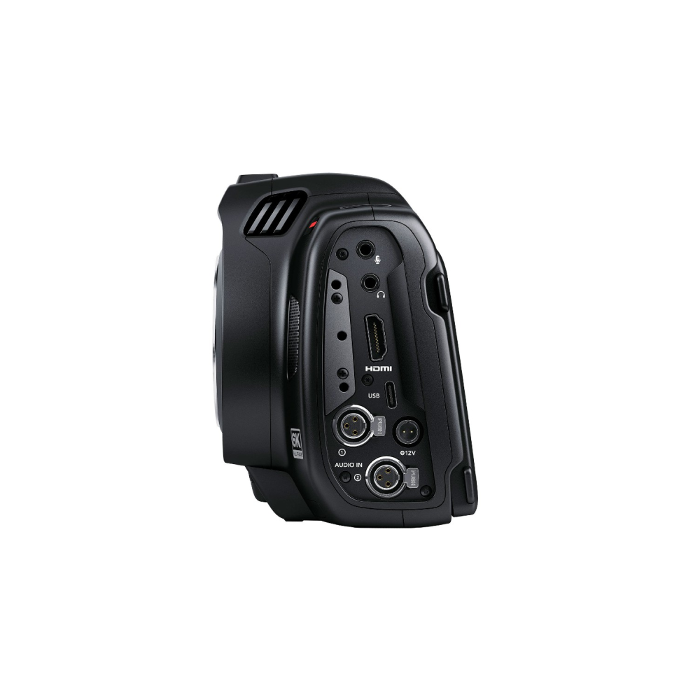 Schwarze Kamera mit Anschlüssen: HDMI, USB, Audio In und 12V.
