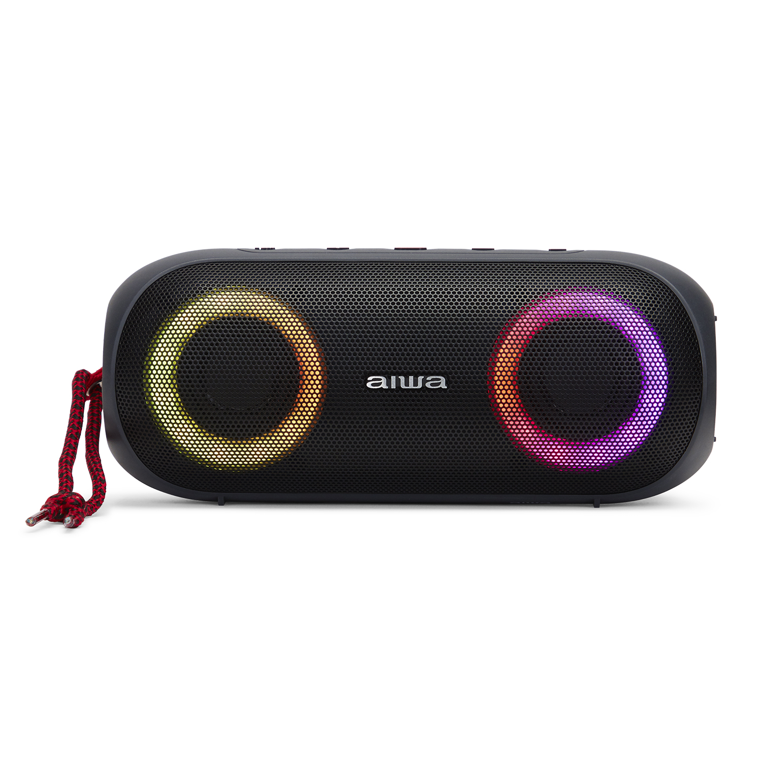 Altavoz Aiwa negro con luces LED de colores y asa de cuerda roja.