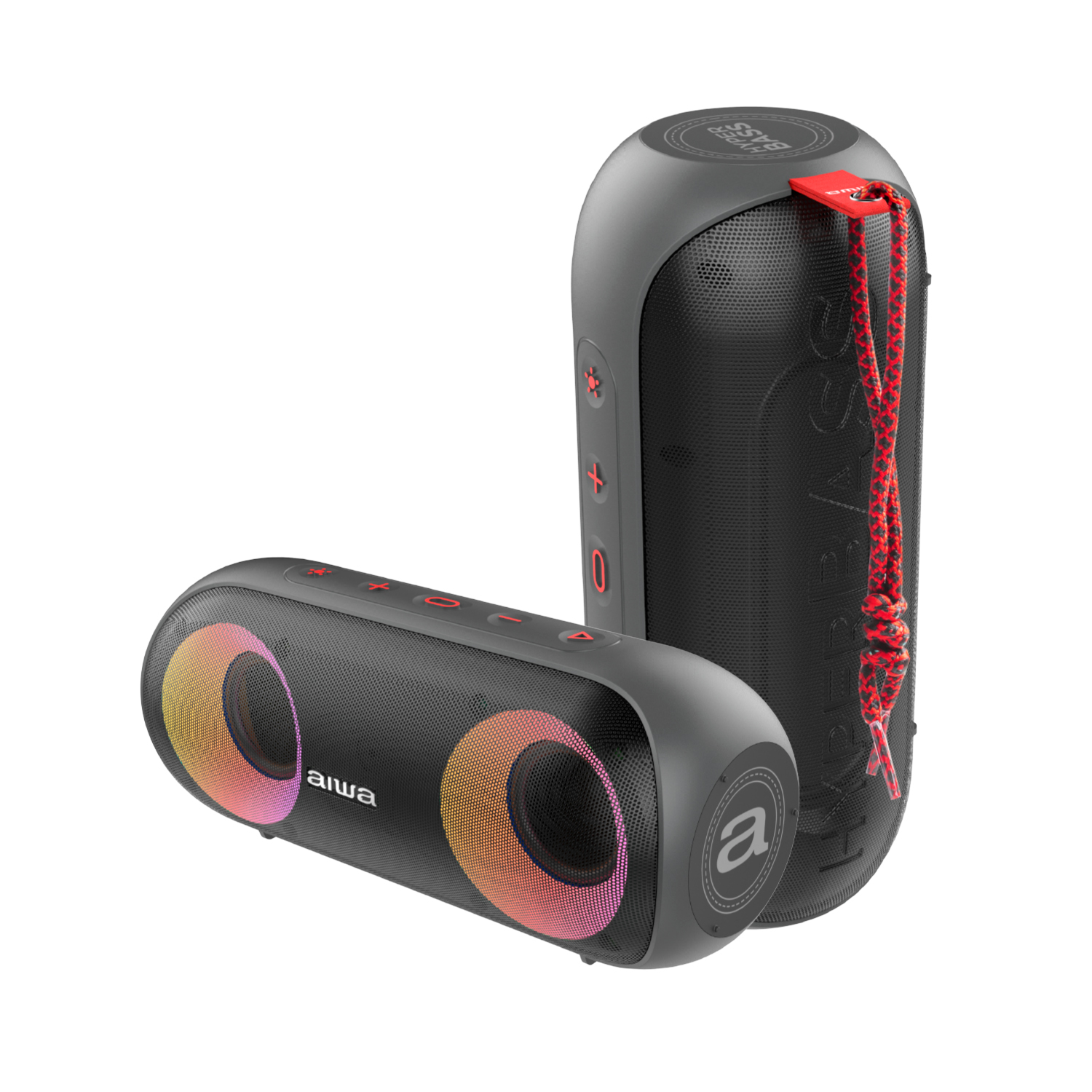 Dos altavoces Aiwa negros con luces coloridas y un cordón rojo.