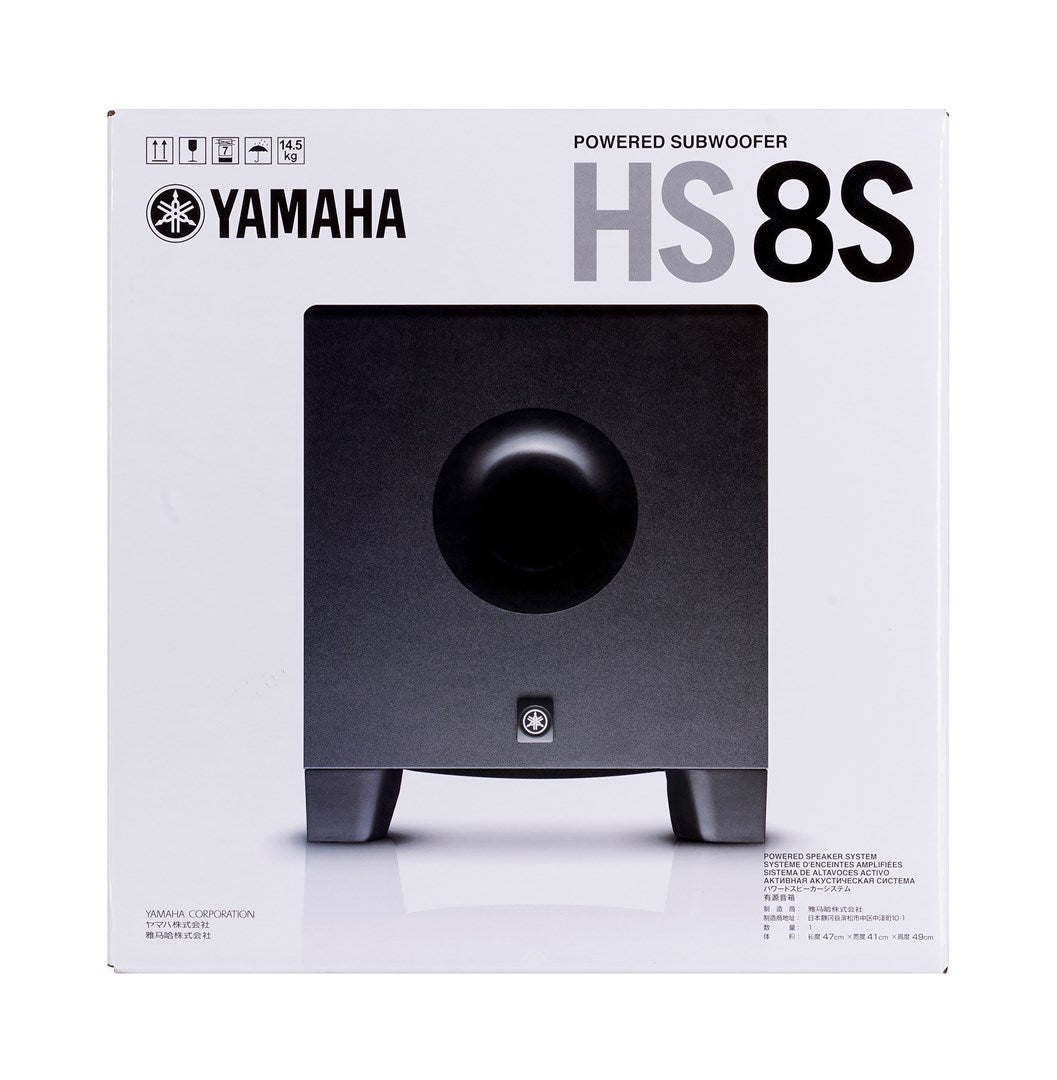 Scatola di un subwoofer Yamaha HS8S nero con cono rotondo.