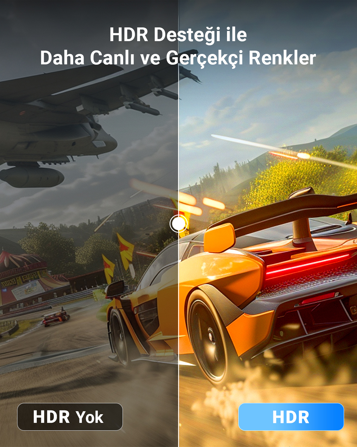 Bölünmüş görüntü: Solda uçak, sağda yarış arabası. "HDR Yok" vs "HDR".