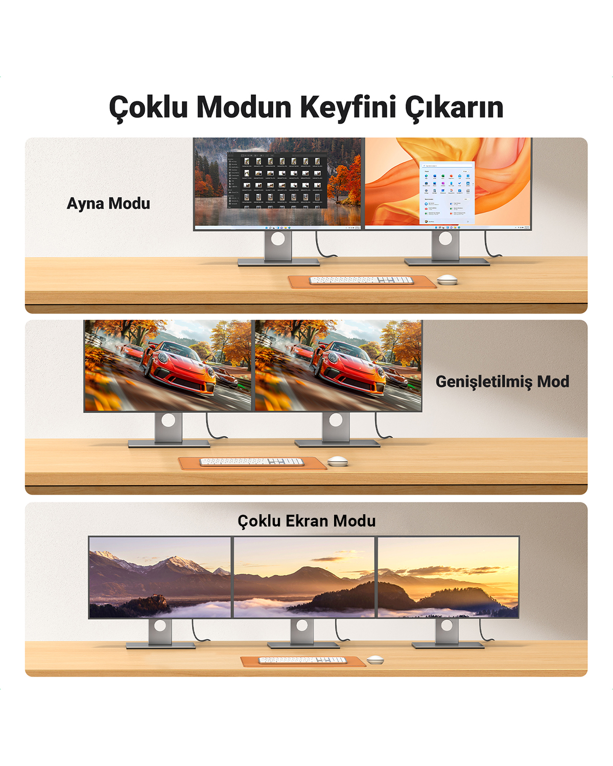 Üç monitör kurulumu: Yansıtma, Genişletilmiş ve Çoklu Ekran modları.