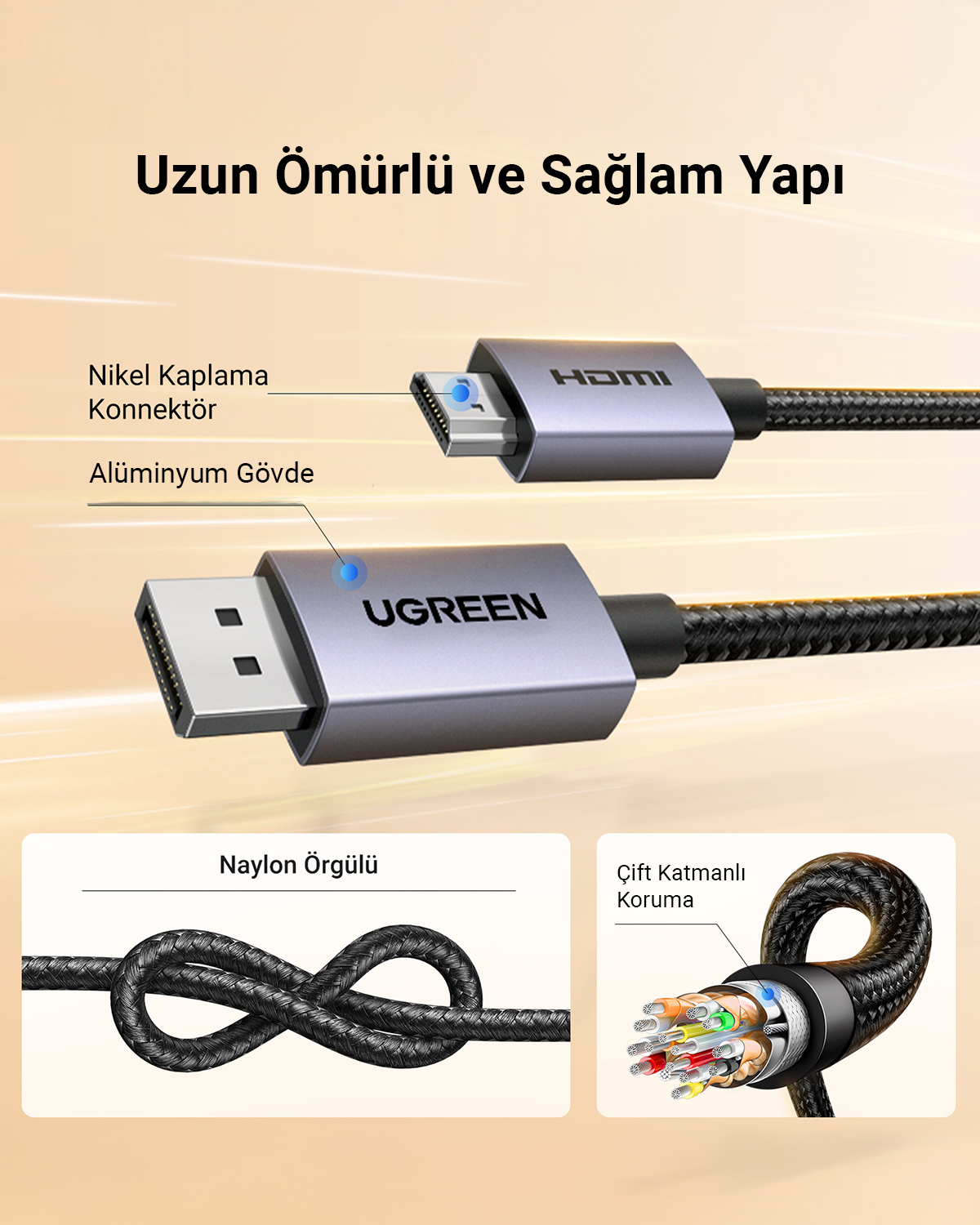 Nikel kaplama konnektörlü, alüminyum gövdeli, naylon örgülü ve çift katmanlı korumalı HDMI kablo.
