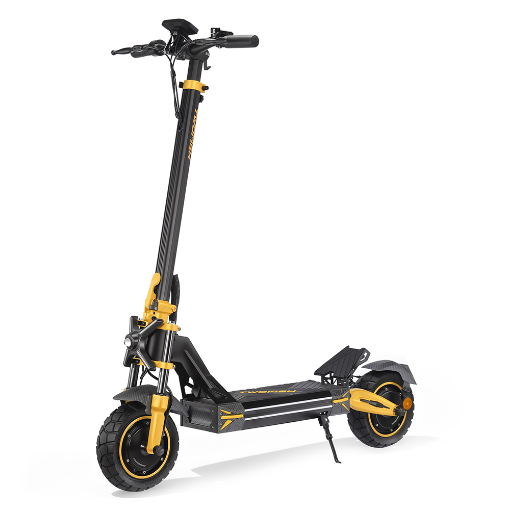 Monopattino elettrico nero con accenti gialli su sfondo bianco.