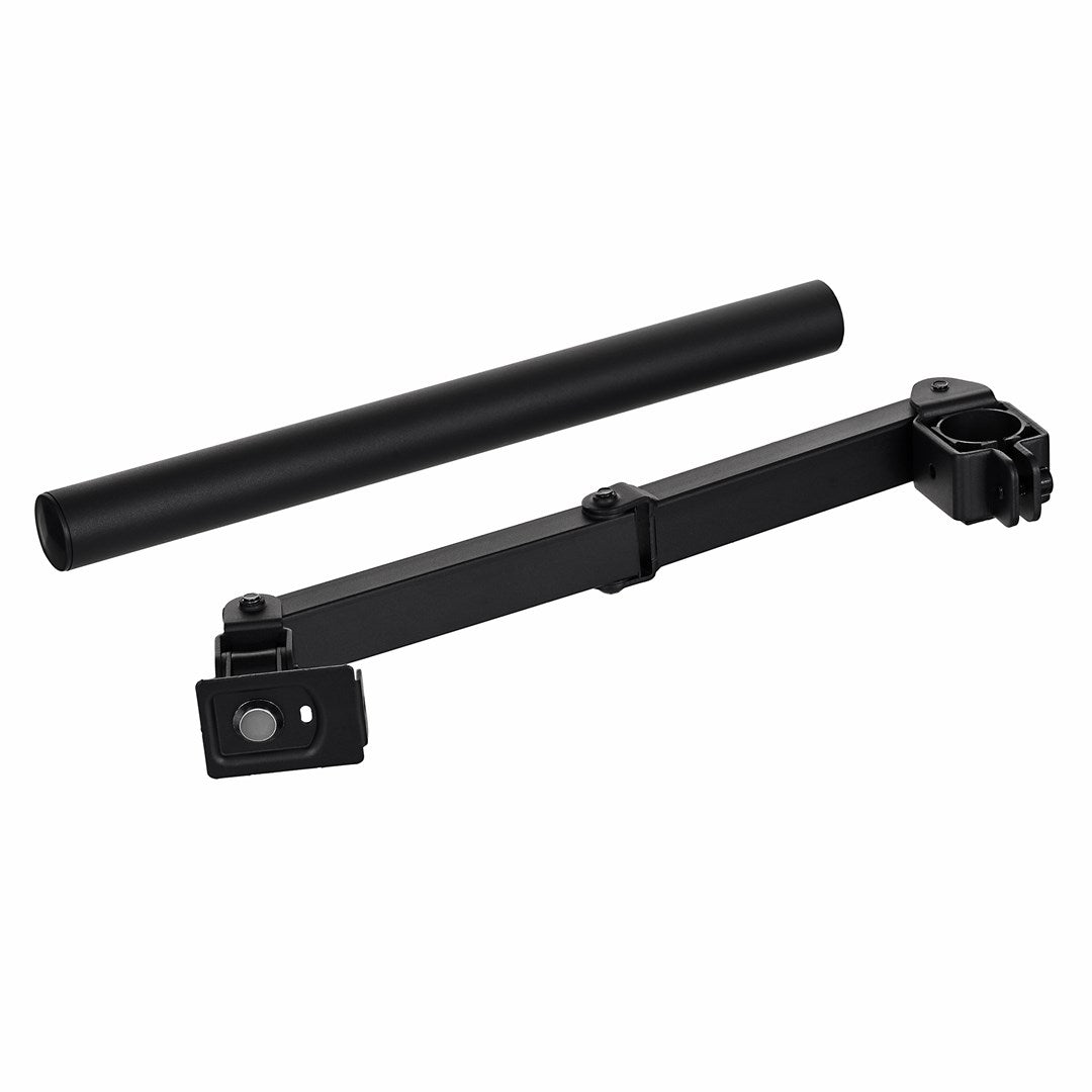 A black metal arm with clamp and a separate rod