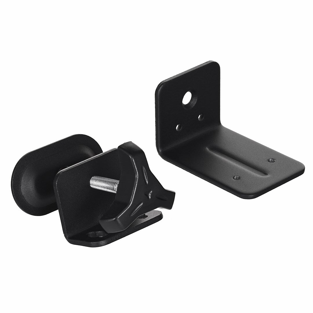 Two black speaker brackets, one L-shaped, the other with a screw.