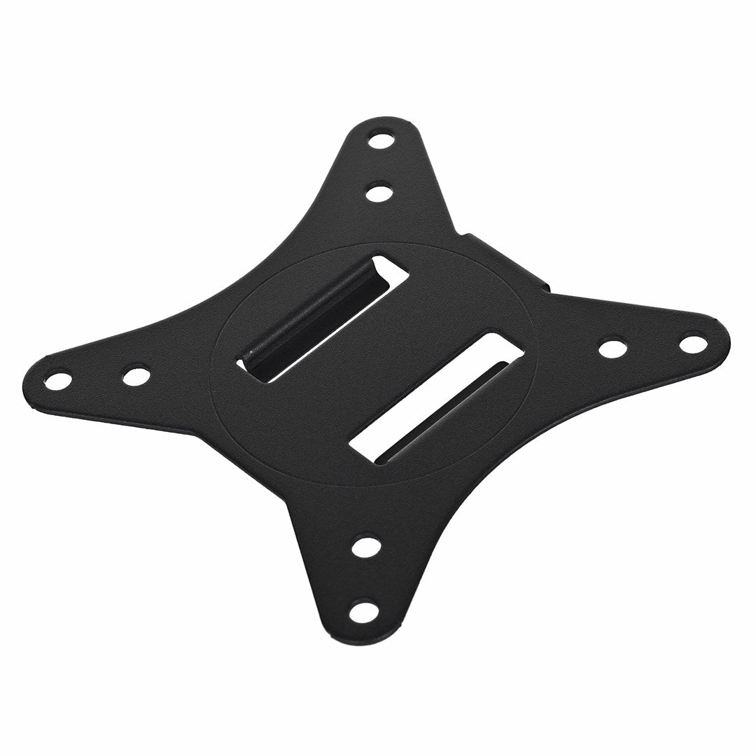 A black metal adapter with four arms and slots.