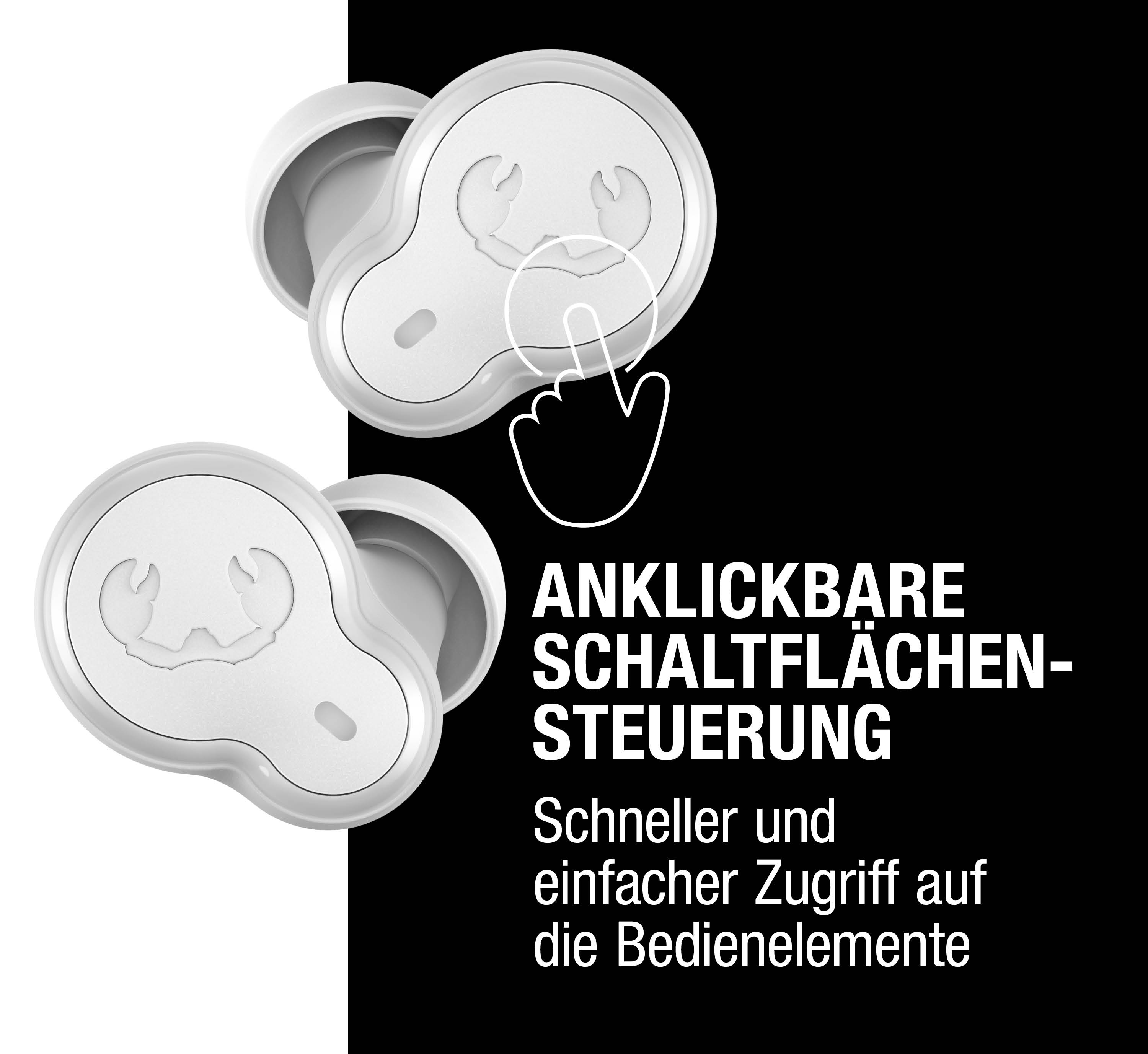 Weiße Ohrhörer mit Krabbenlogo und Text über Steuerelemente.