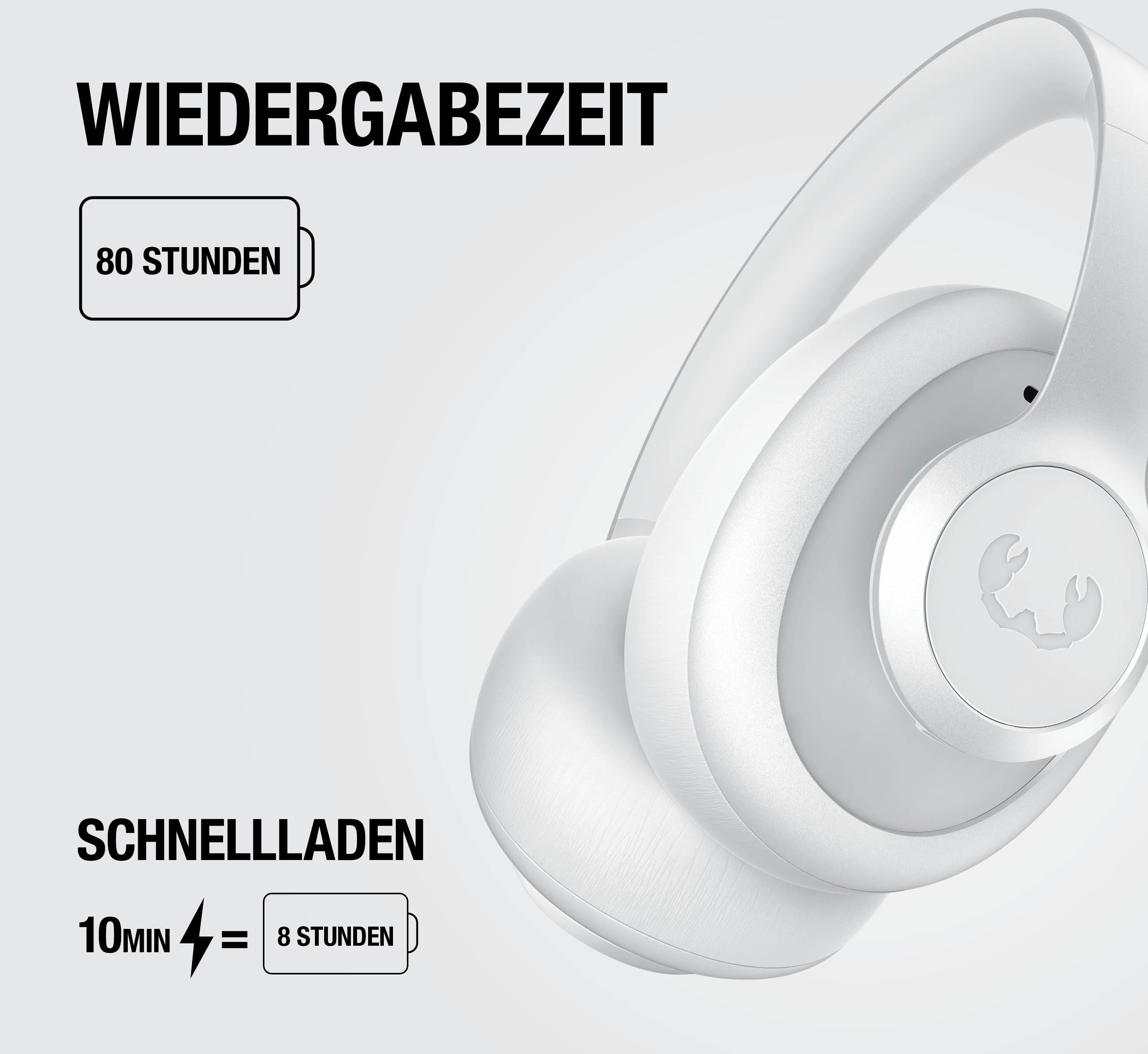 Weiße Kopfhörer mit Text zur Wiedergabezeit und Schnellladefunktion.