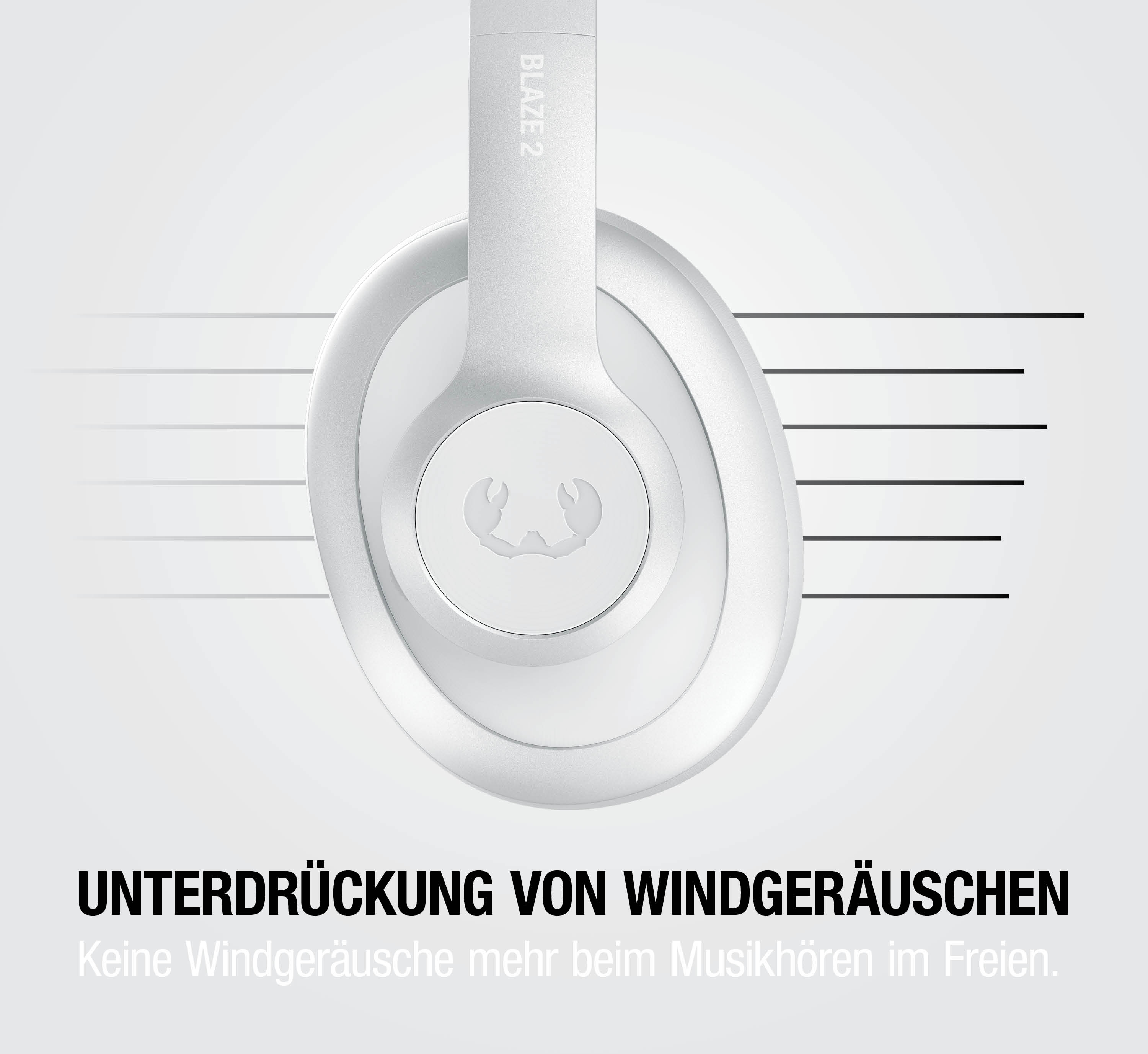 Weiße Kopfhörer mit „Blaze 2“-Text und Krabbenlogo. Windgeräuschunterdrückung.