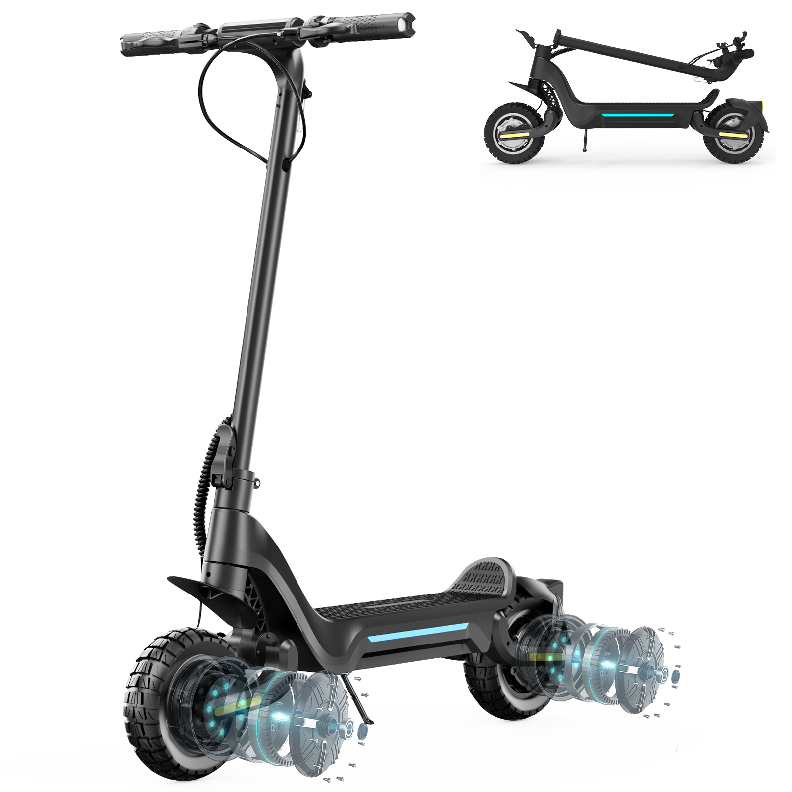 Monopattino elettrico nero con pedana illuminata e dettaglio motore esposto.