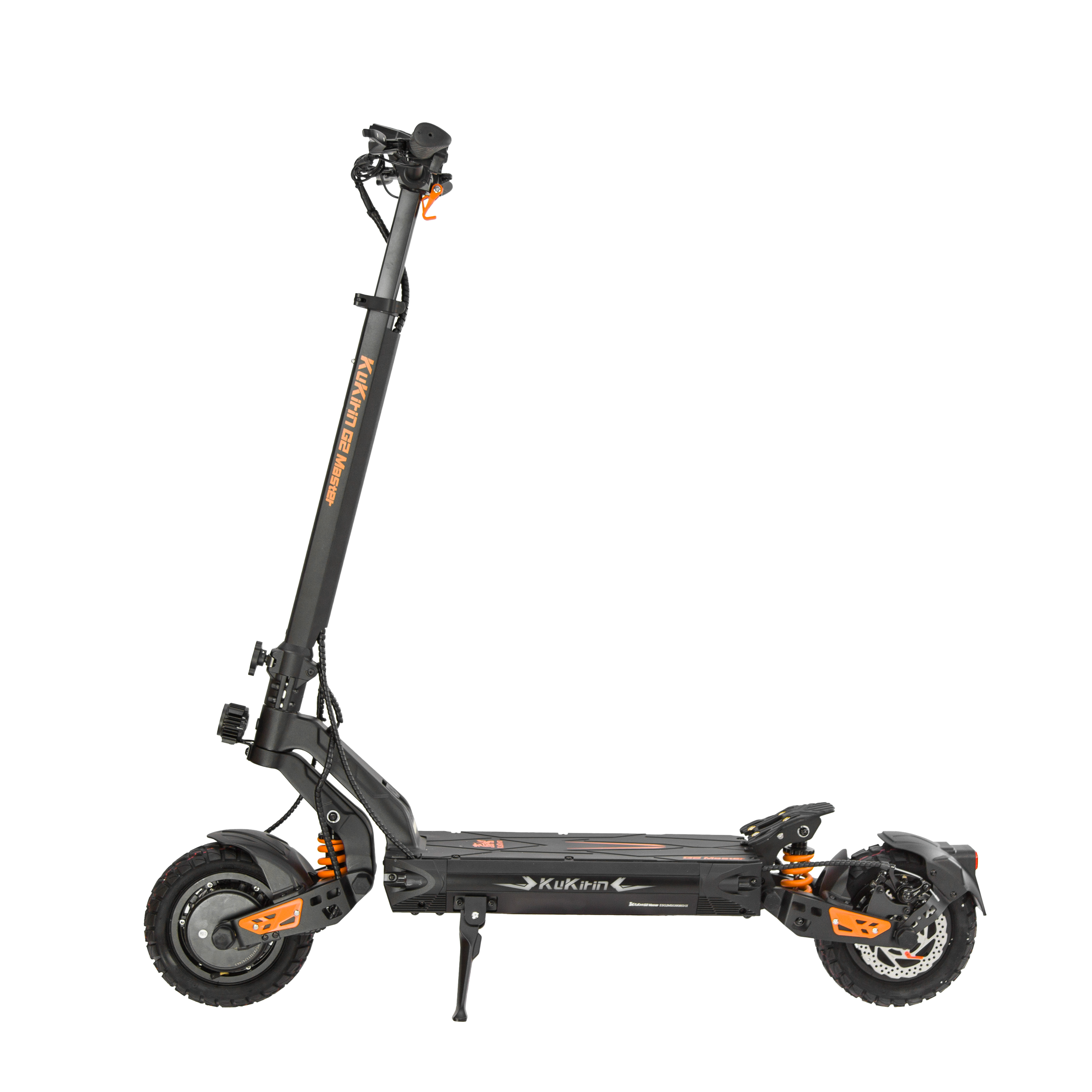 Un monopattino elettrico nero con accenti arancioni e scritta KuKirin G2 Master.