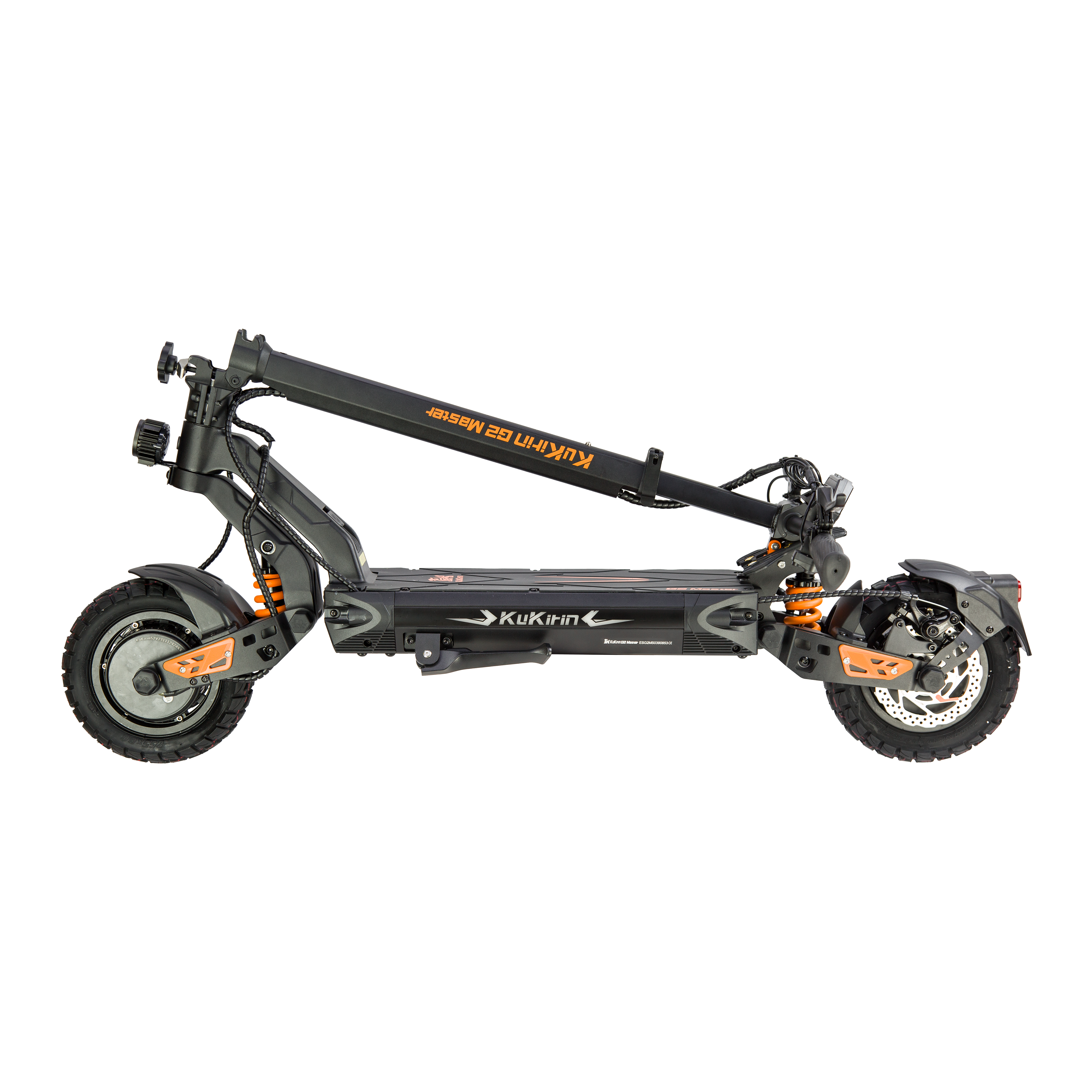 Un monopattino elettrico nero con accenti arancioni, etichettato "Kukirin G2 Master".