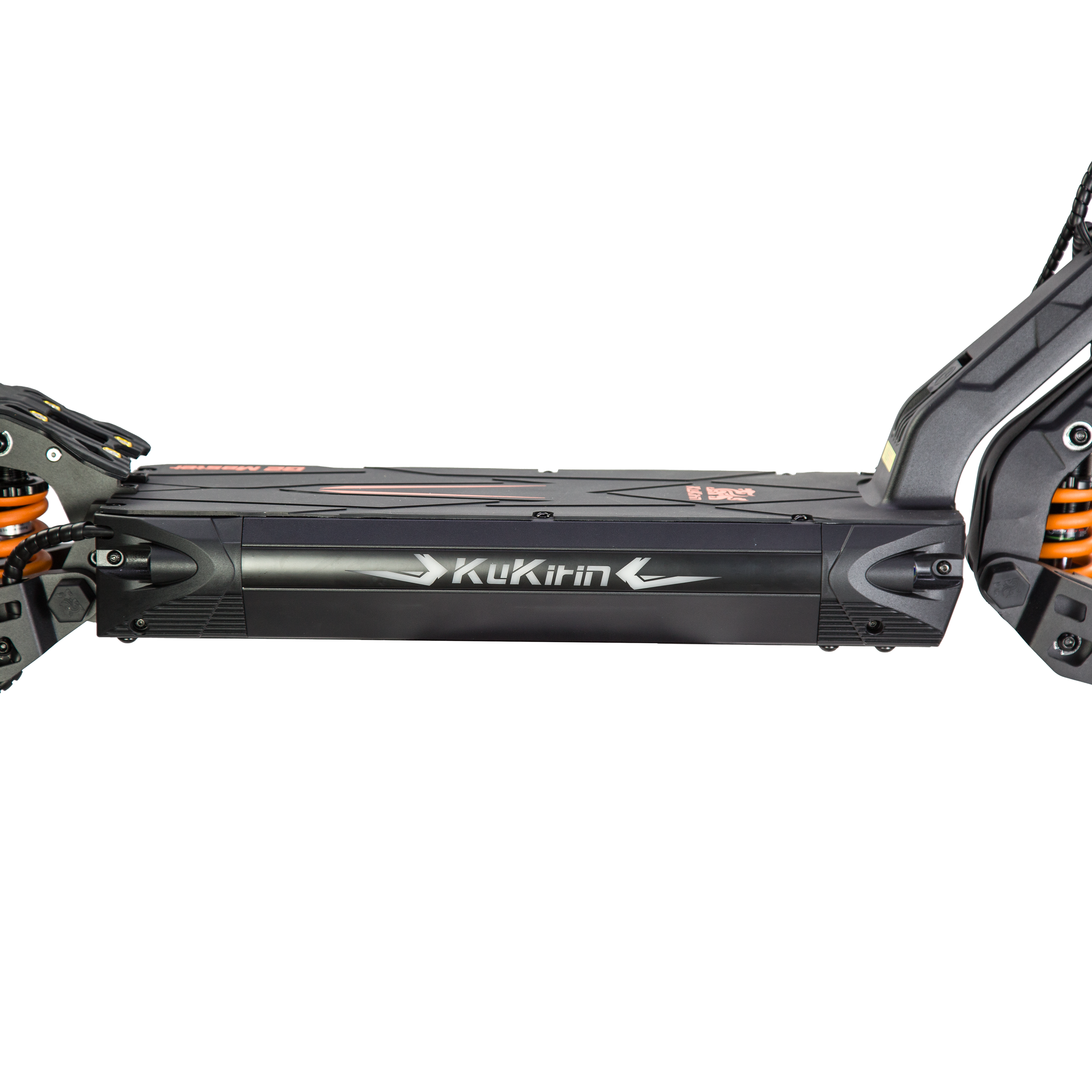 Uno scooter elettrico nero con ammortizzatori arancioni, su sfondo nero.