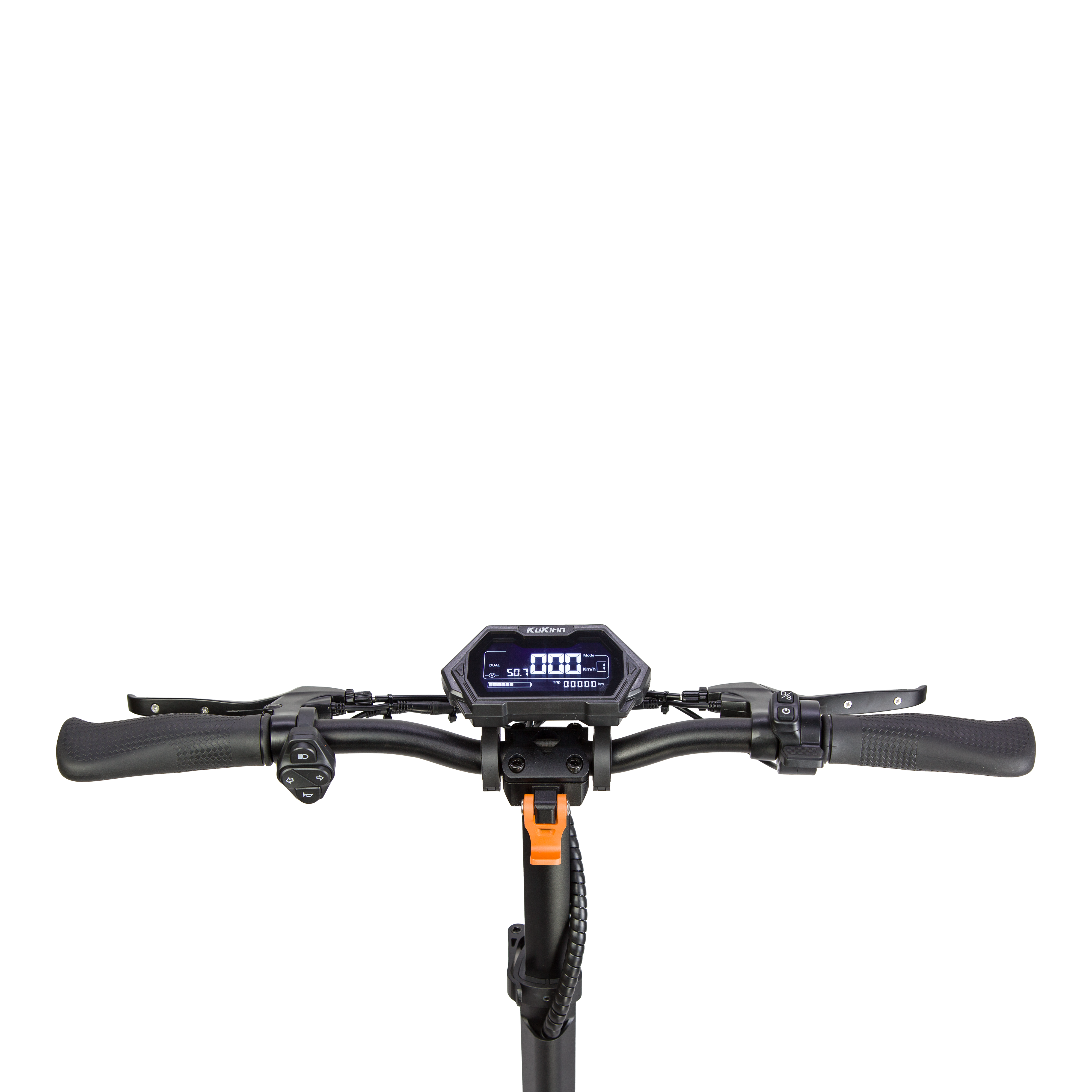 Manubrio di monopattino elettrico con display, manopole e freni.