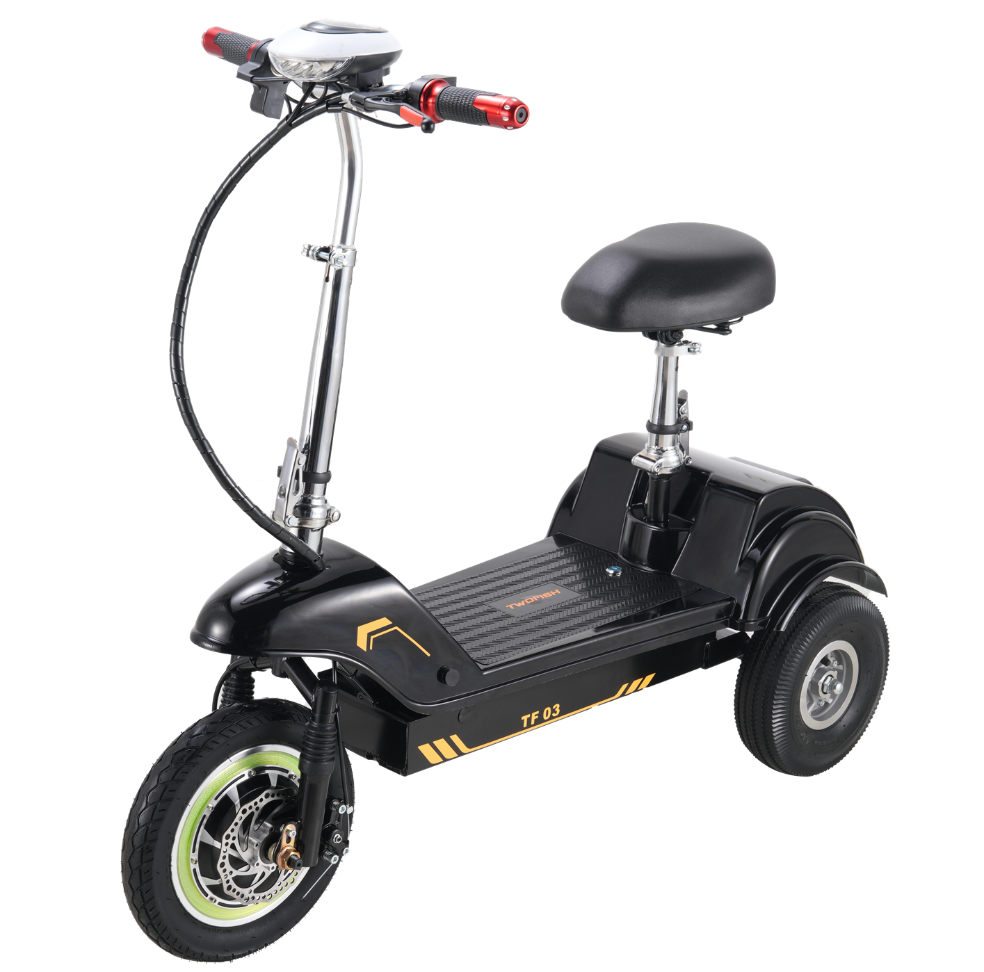 Uno scooter elettrico nero a tre ruote con sedile e faro a LED.