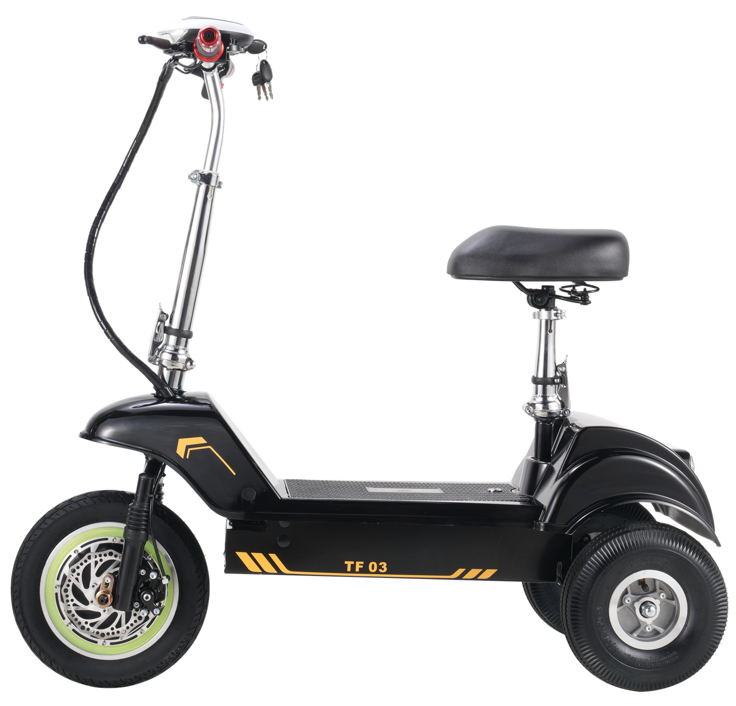 Uno scooter elettrico nero a tre ruote con sedile e accenti gialli.