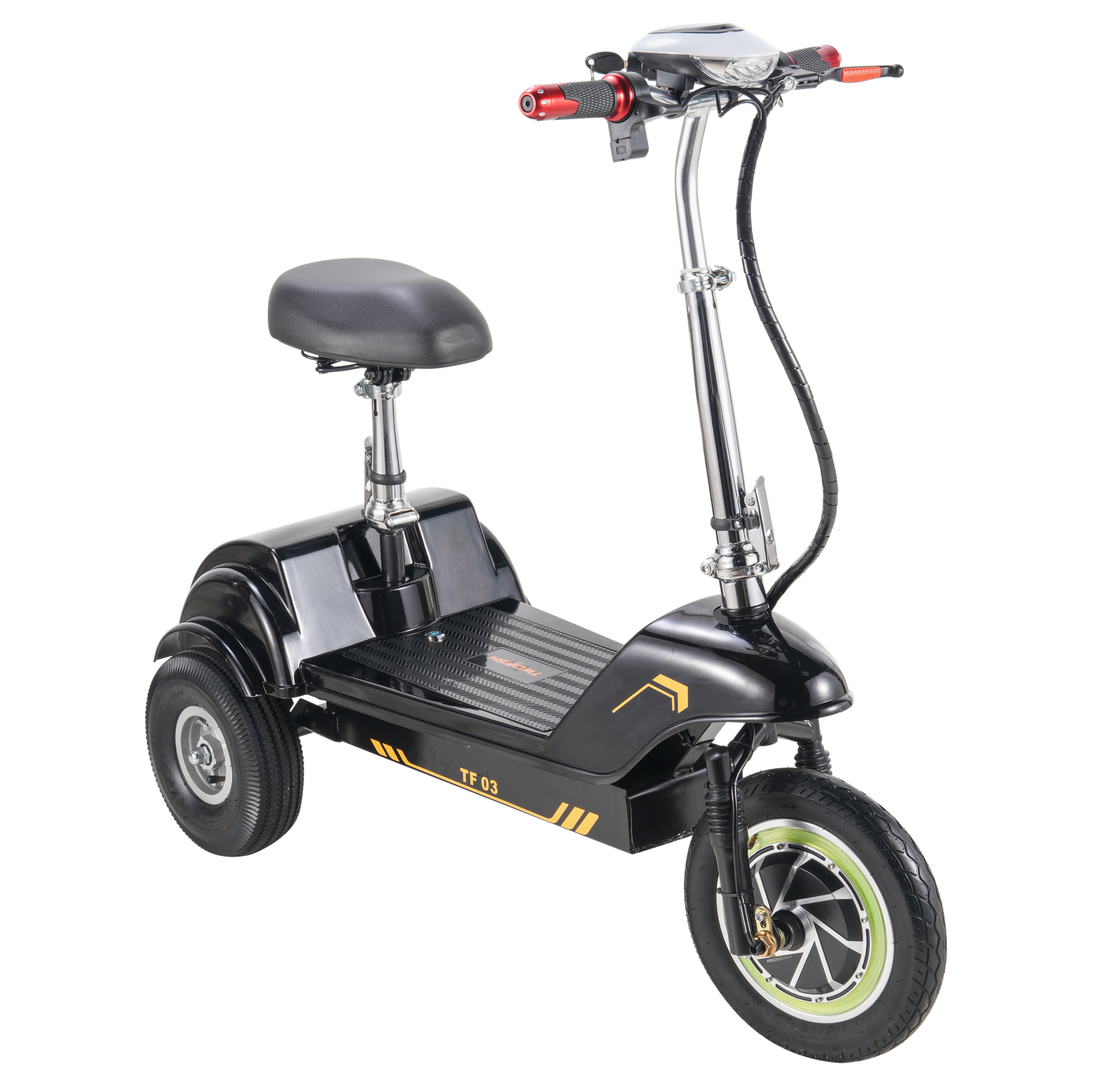 Uno scooter elettrico nero a tre ruote con sedile e manubrio.