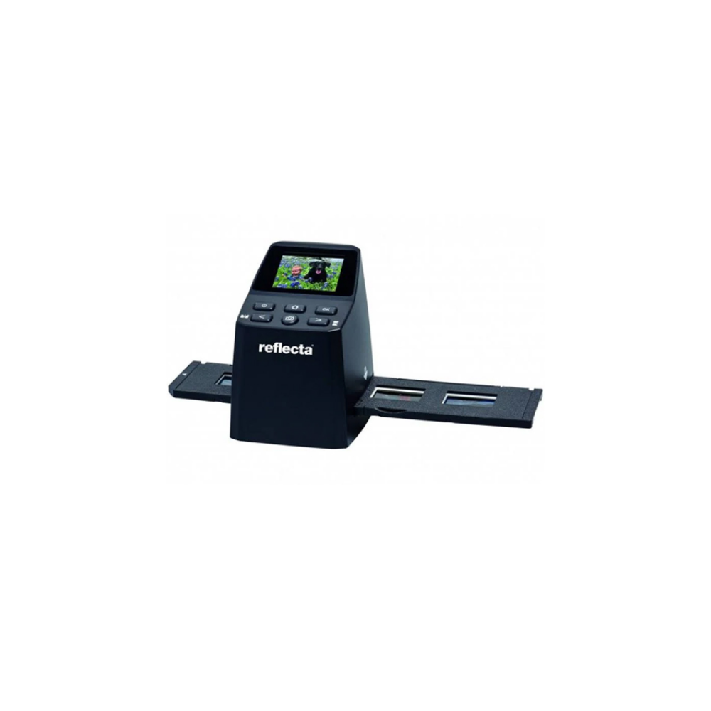 Uno scanner per diapositive Reflecta nero con schermo e vassoio.