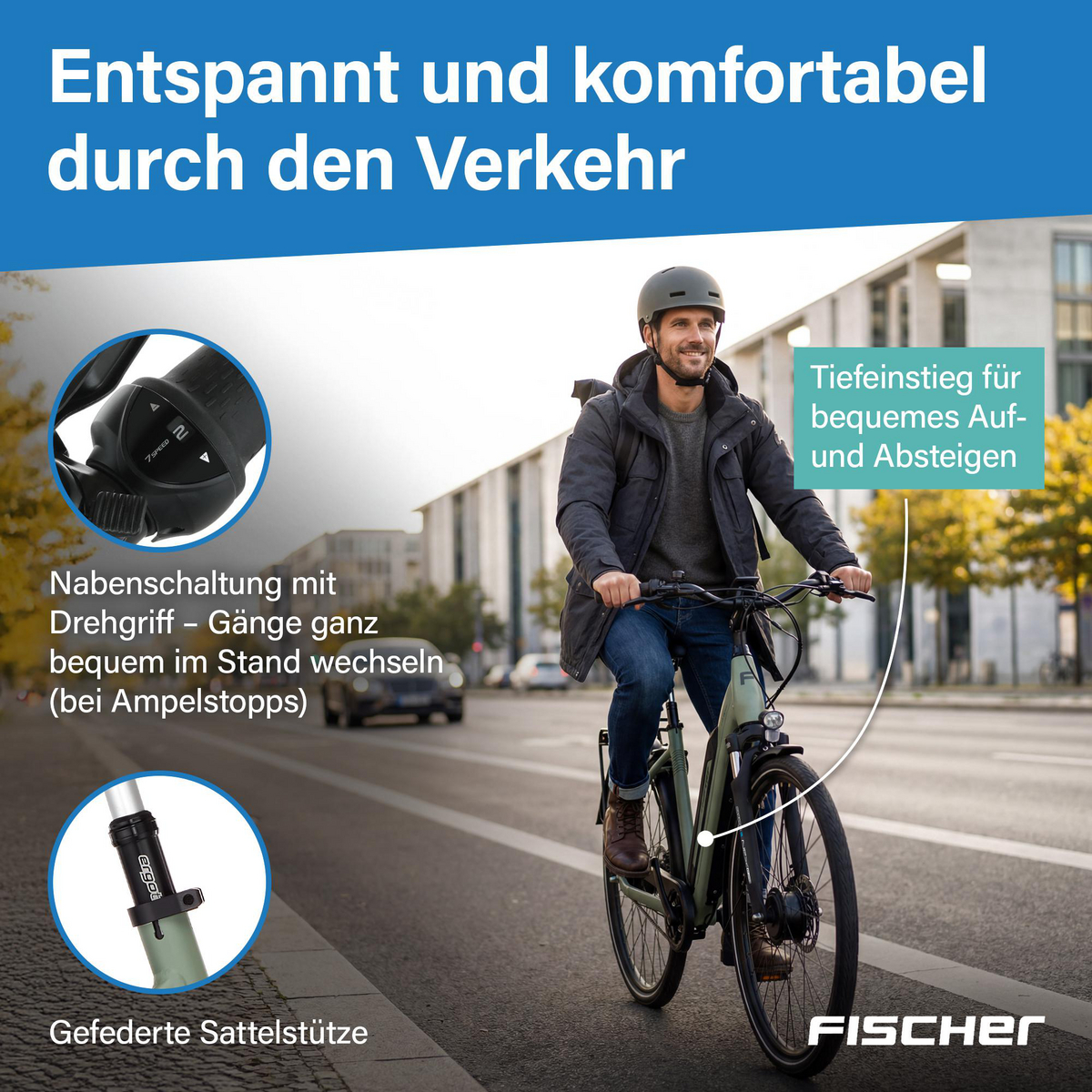 Mann fährt Fahrrad in der Stadt mit Text über Funktionen wie Nabenschaltung.