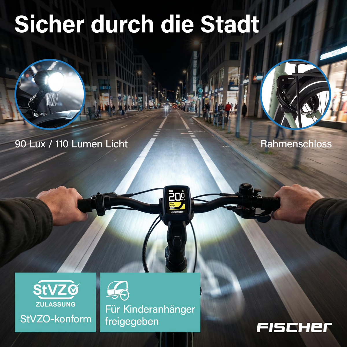 Fahrrad mit hellem Licht fährt nachts durch die Stadt. Display zeigt 20km/h.