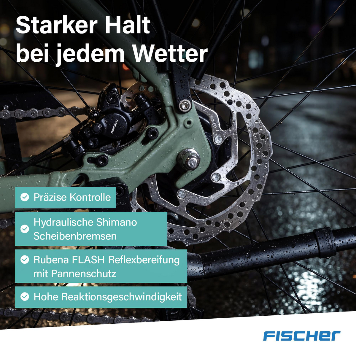 Fahrrad-Scheibenbremse mit Kette, Kette und Text. Starker Halt bei jedem Wetter.