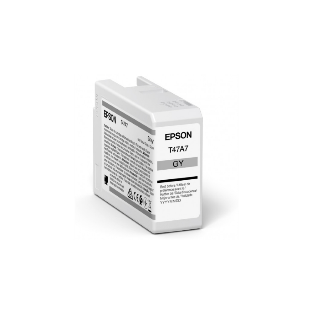 Cartouche d'encre grise Epson T47A7 avec texte et logo sur fond blanc.