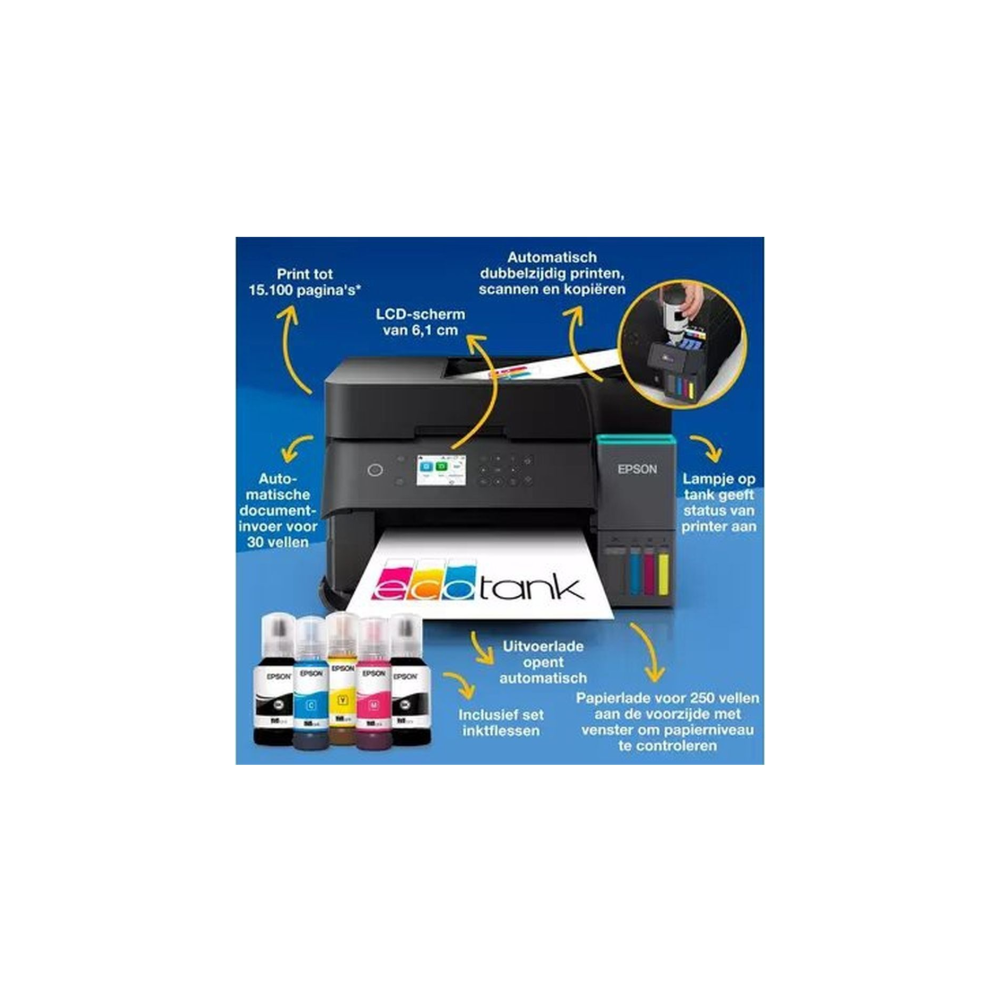 Imprimante Epson EcoTank avec écran LCD, chargeur auto, bouteilles d'encre.