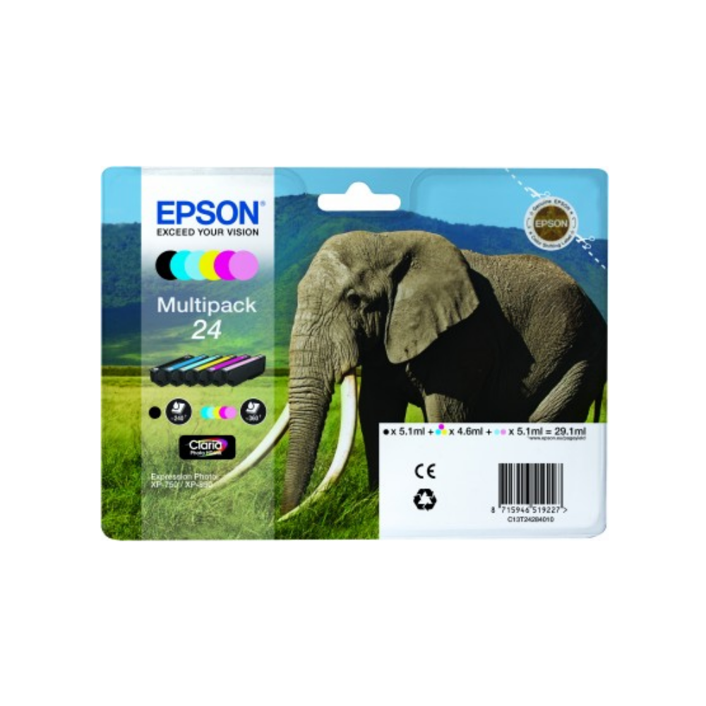 Cartucce d'inchiostro Epson Multipack 24 con elefante, erba e paesaggio montano.