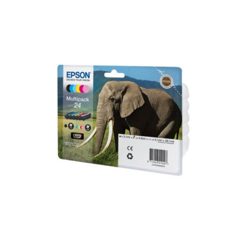 Confezione multipla Epson 24 cartucce d'inchiostro con immagine elefante. Contiene quattro.