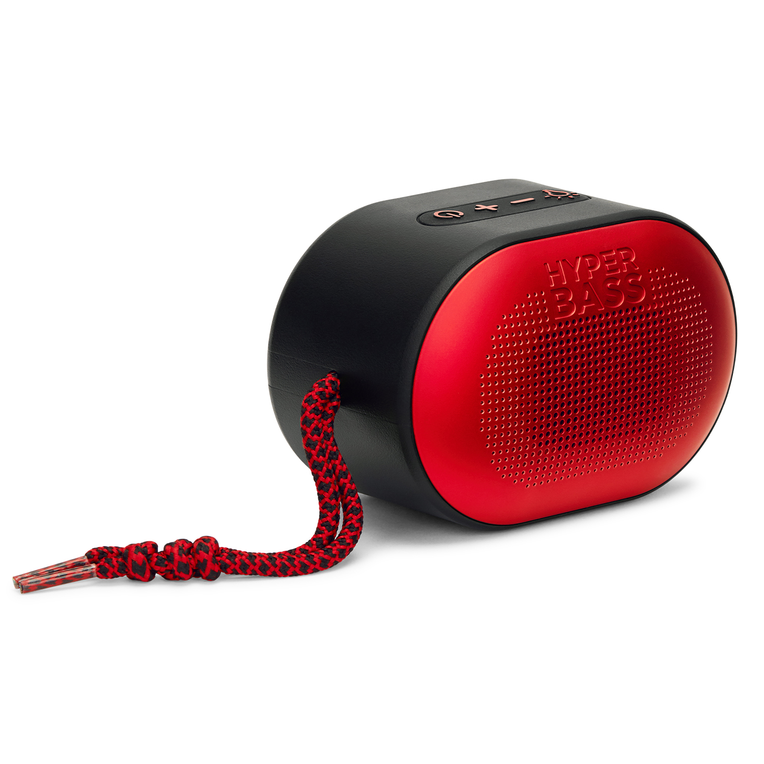 Un altavoz mini negro y rojo con cordón sobre fondo blanco.