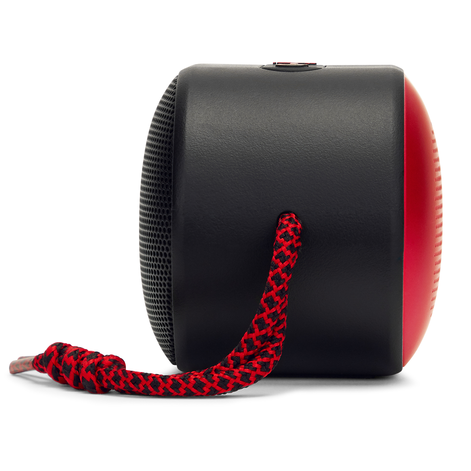 Altavoz negro con acento rojo y cable