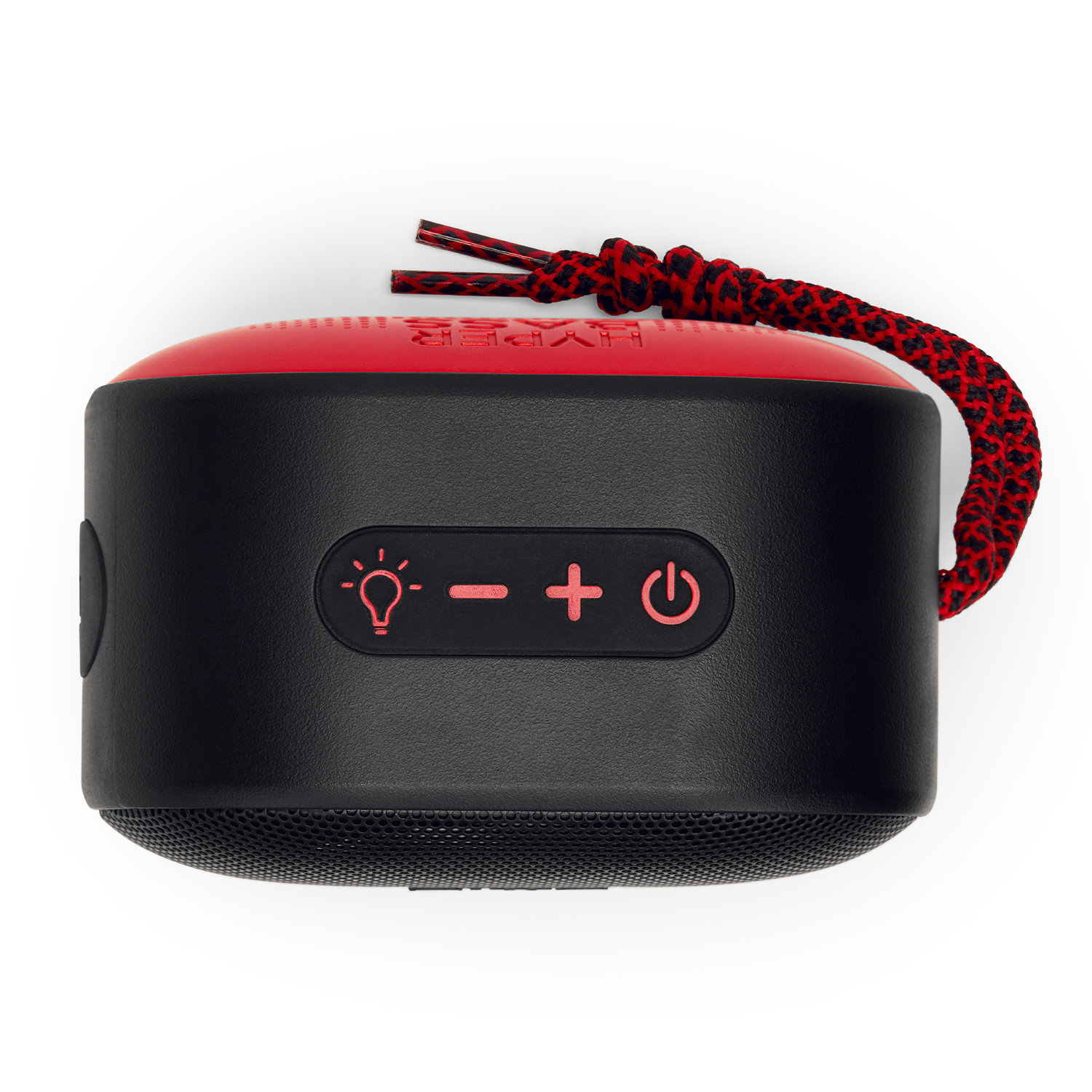 Altavoz portátil negro con parte superior roja y cordón. Controles iluminados.