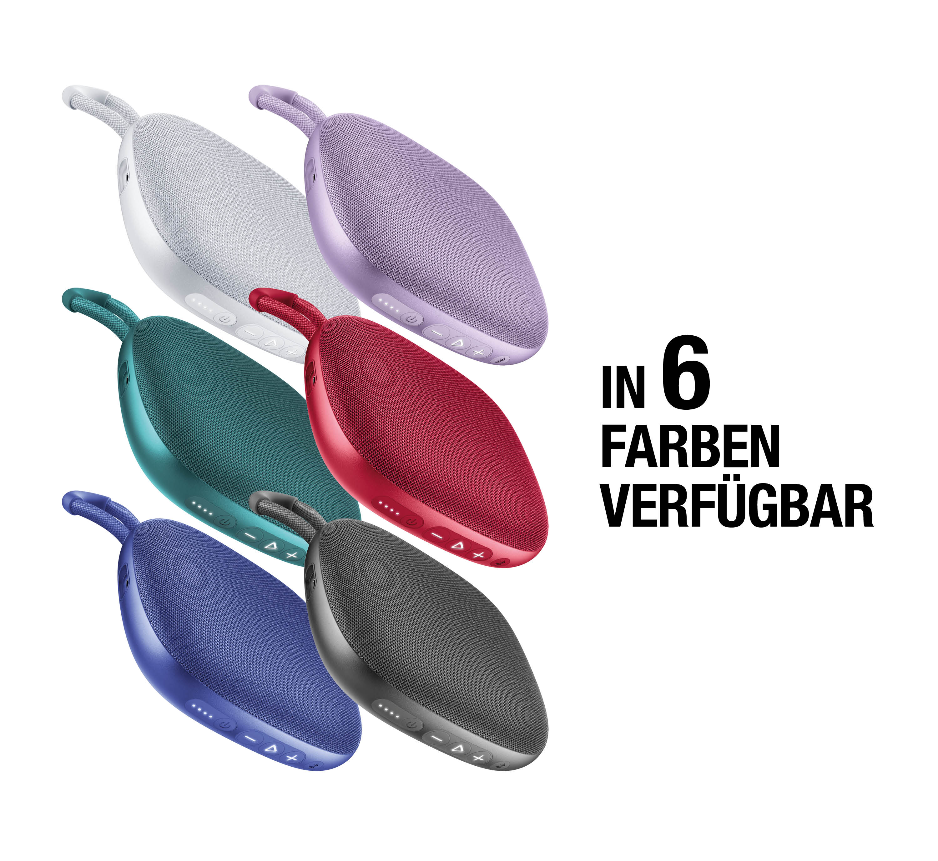 Sechs tragbare Lautsprecher in verschiedenen Farben: Weiß, Lila, Grün, Rot, Blau, Schwarz.
