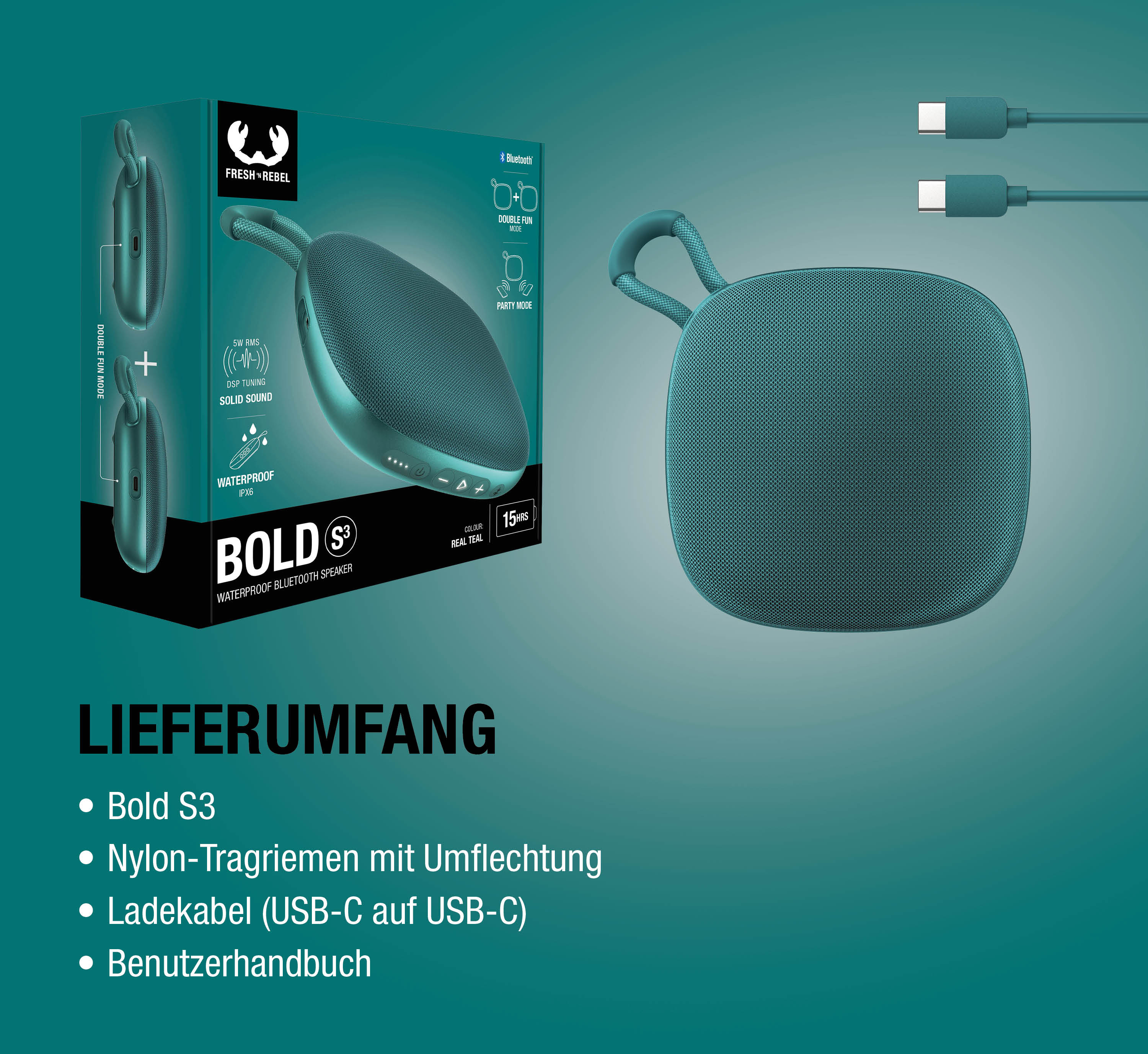 Ein tealfarbener Bluetooth-Lautsprecher mit Ladekabels und Verpackung.
