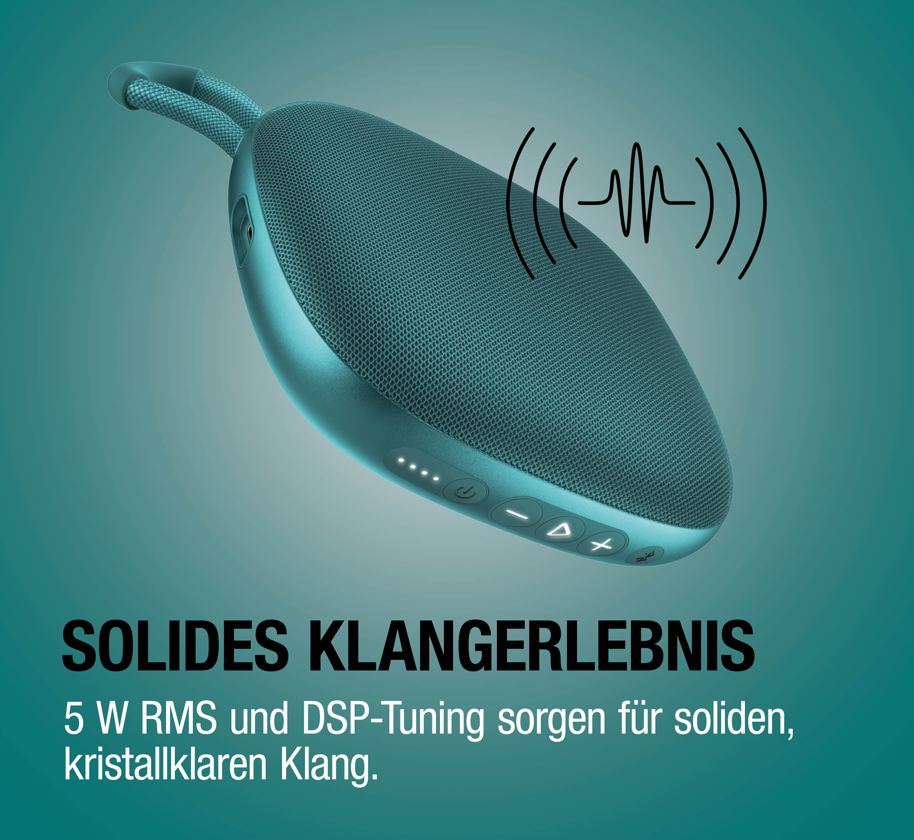 Ein türkisfarbener Bluetooth-Lautsprecher mit Stoffgriff und Tasten.