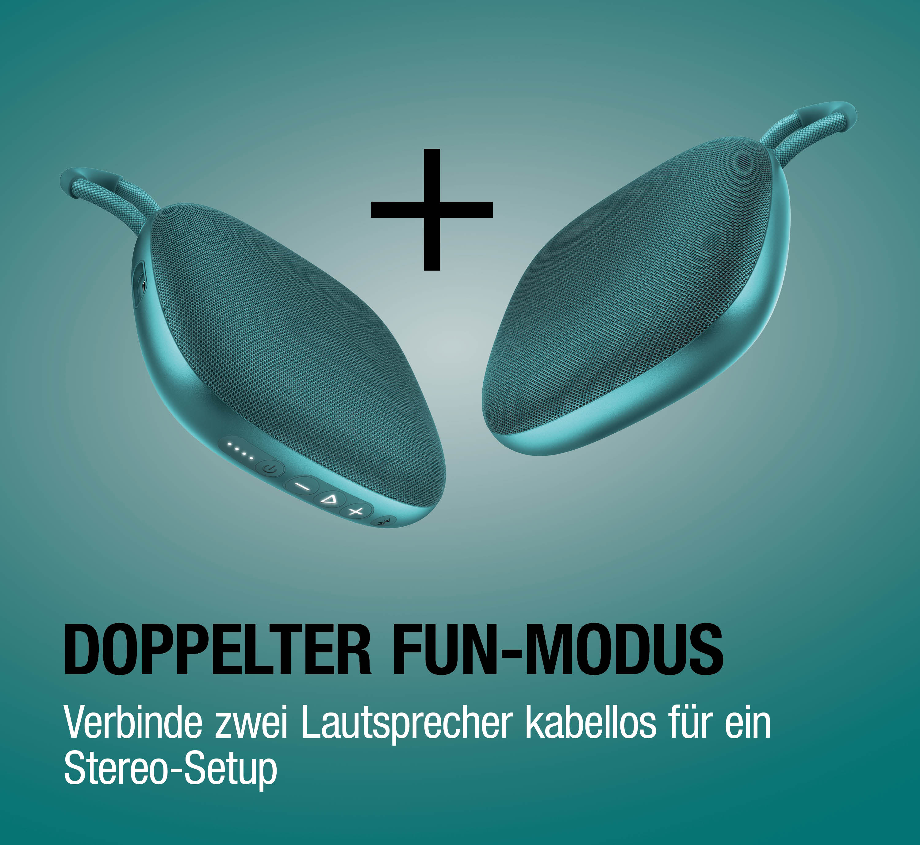 Zwei blaue Lautsprecher mit einem Pluszeichen dazwischen.