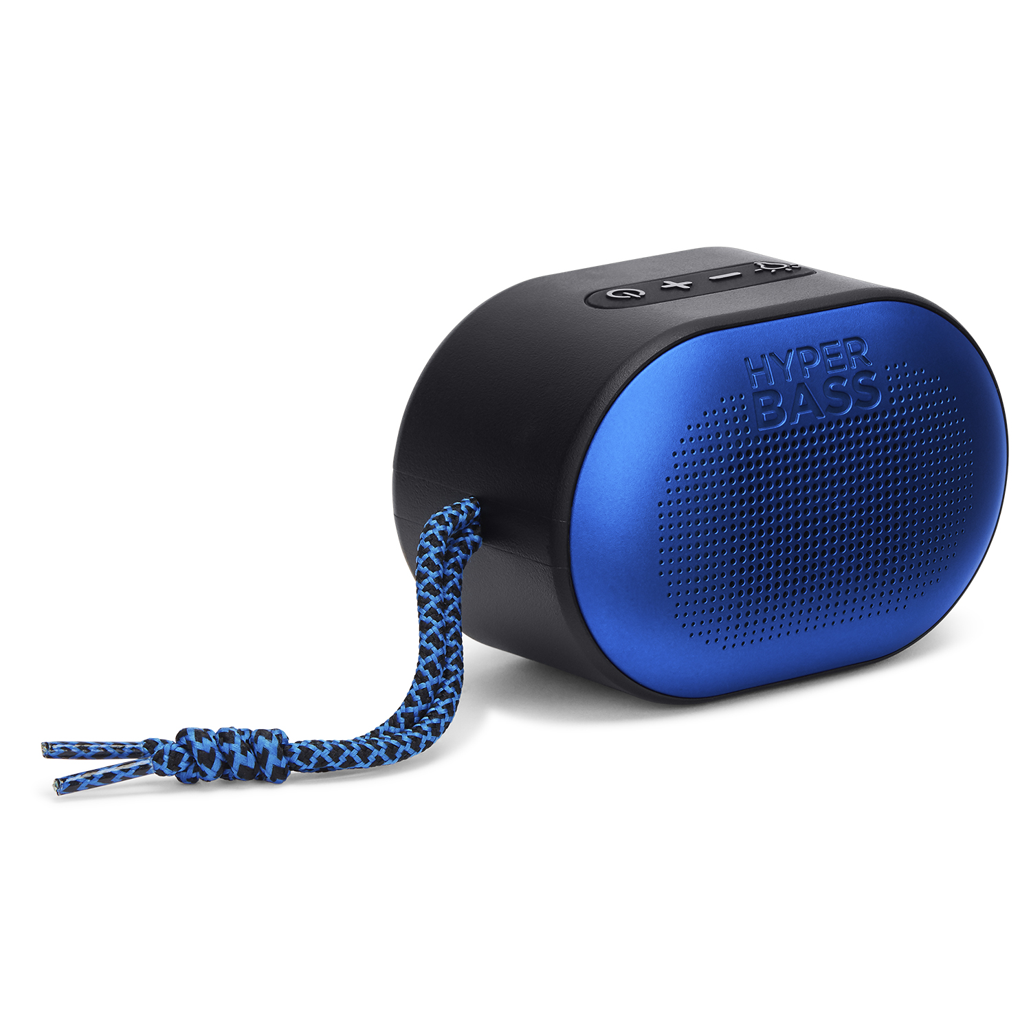 Un altavoz portátil azul y negro con cordón. Dice HYPER BASS.