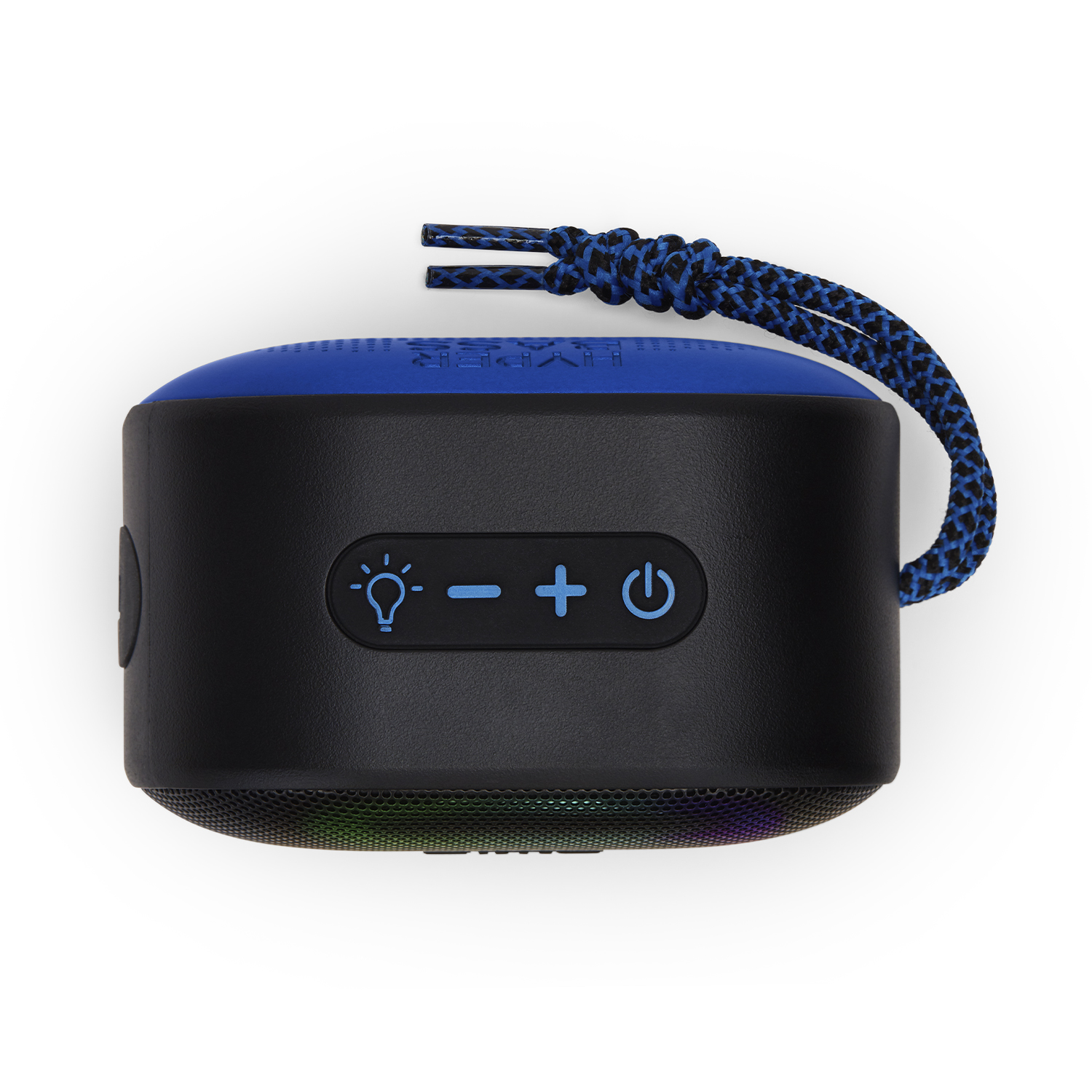 Un altavoz portátil azul y negro con luces y un cordón.