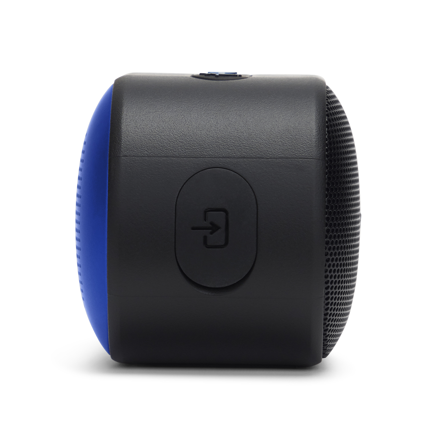 Un altavoz Bluetooth negro con un lado azul y un icono de entrada.