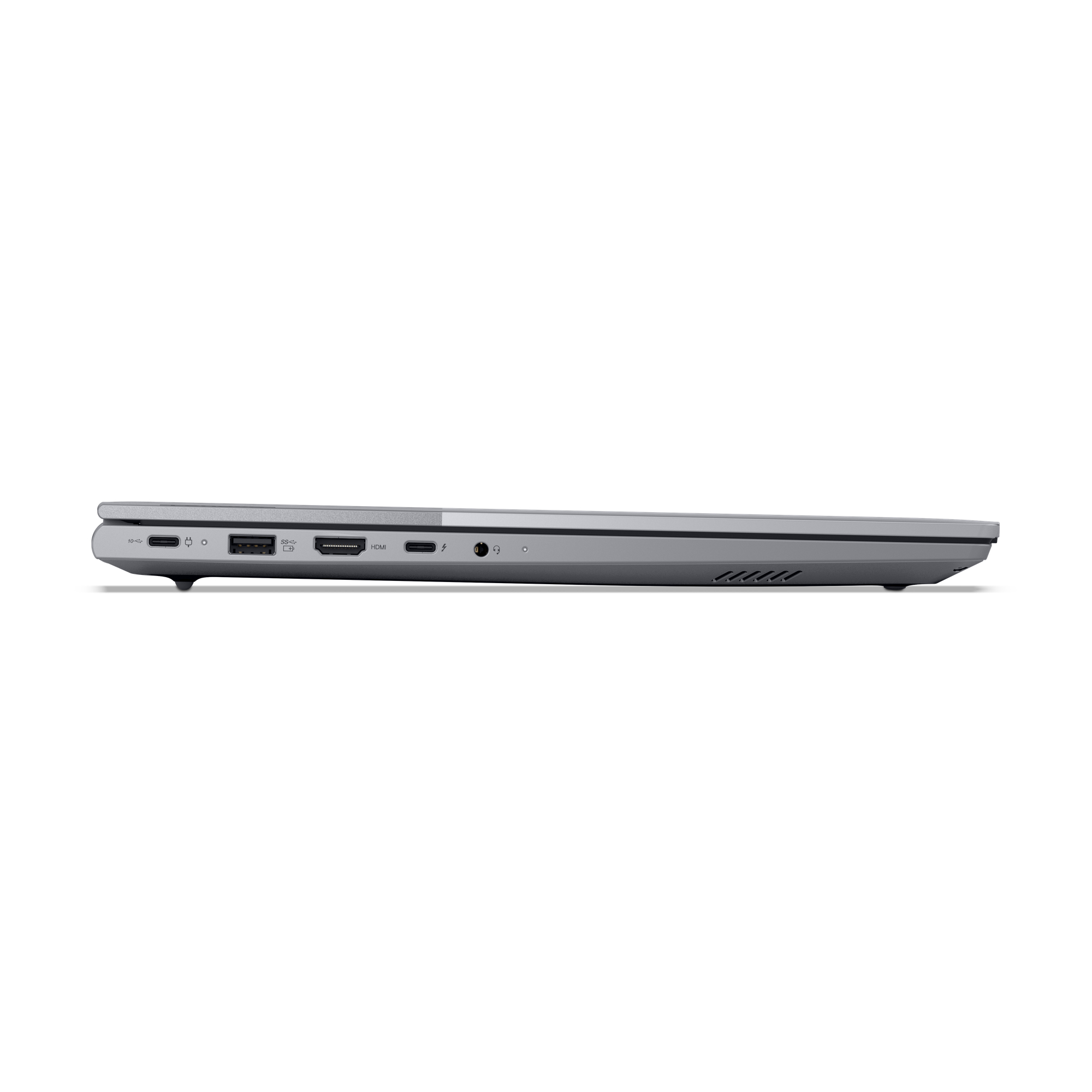 Vista laterale laptop argento con USB-C, HDMI, jack audio e prese d'aria.