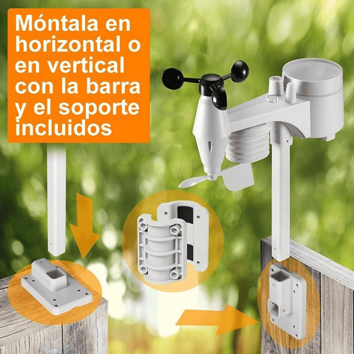 Eine weiße Wetterstation mit Anemometer und Regenmesser wird gezeigt.